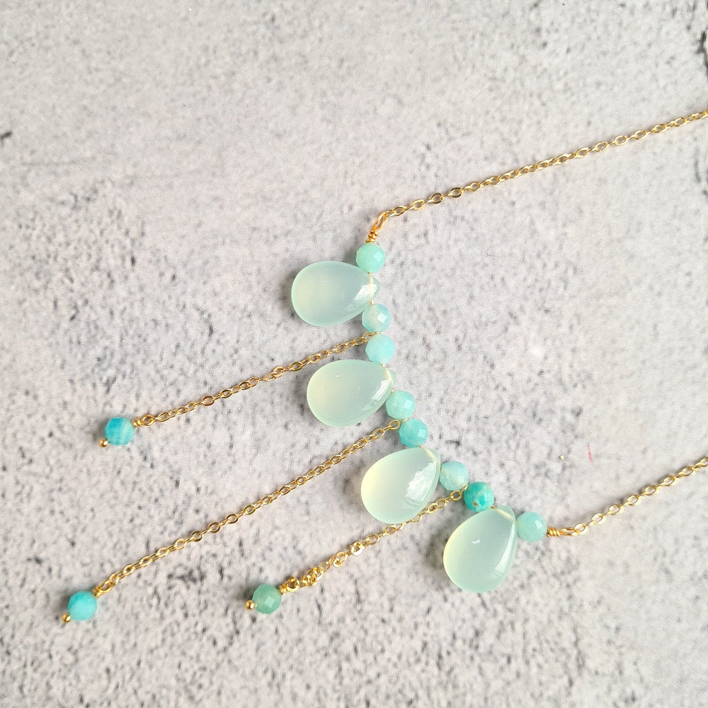 Aqua Blue Chalcedony Cluster Gemstone with Amazonite Earrings & Necklace Set