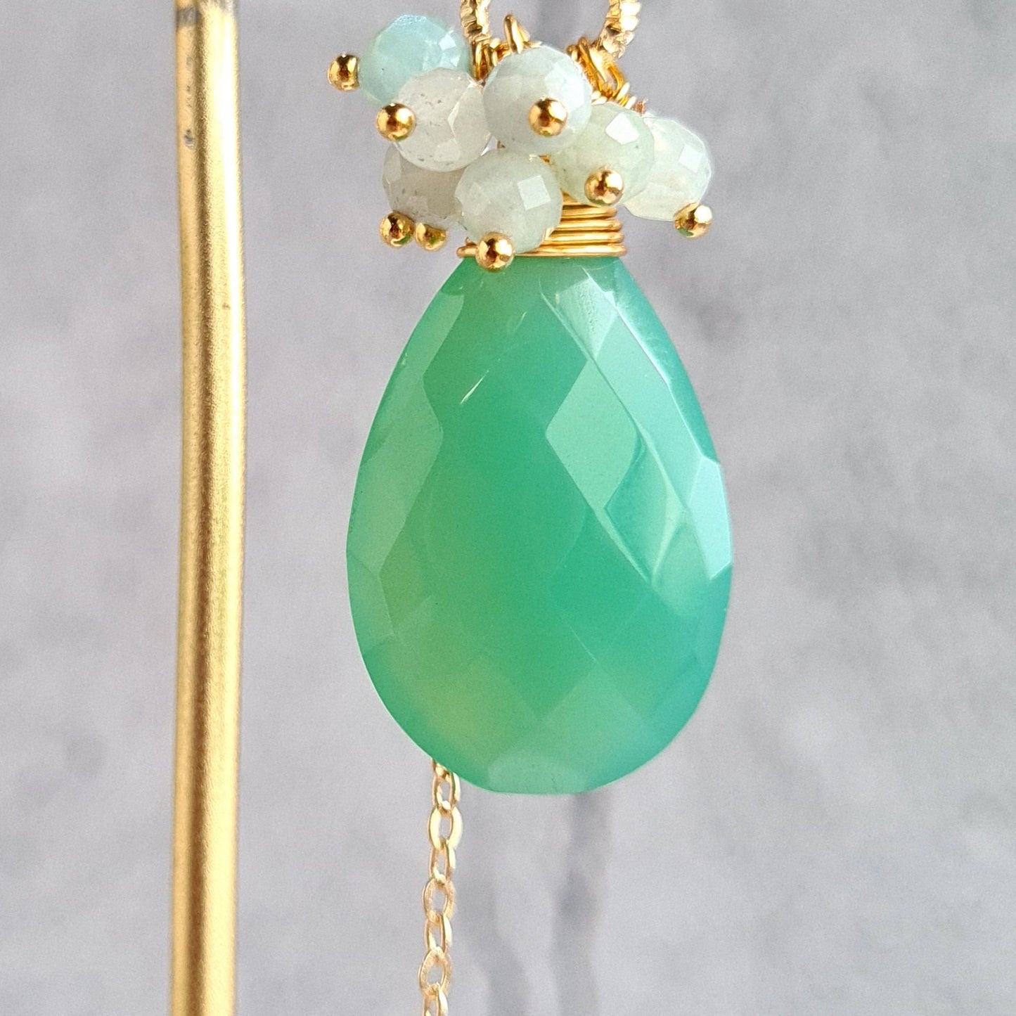 Parrot Green Chalcedony with Jade Cluster Gemstone Earrings