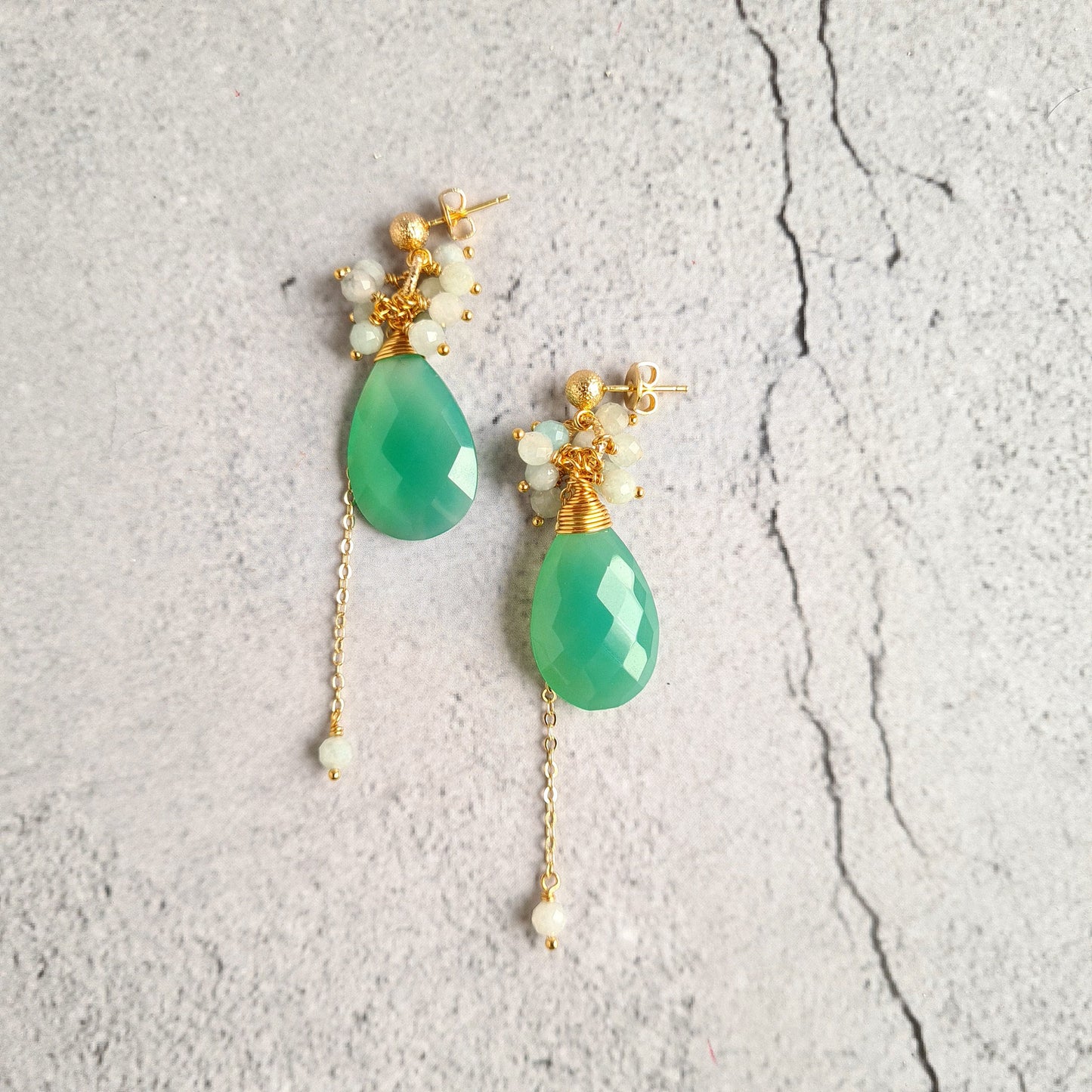 Parrot Green Chalcedony with Jade Cluster Gemstone Earrings