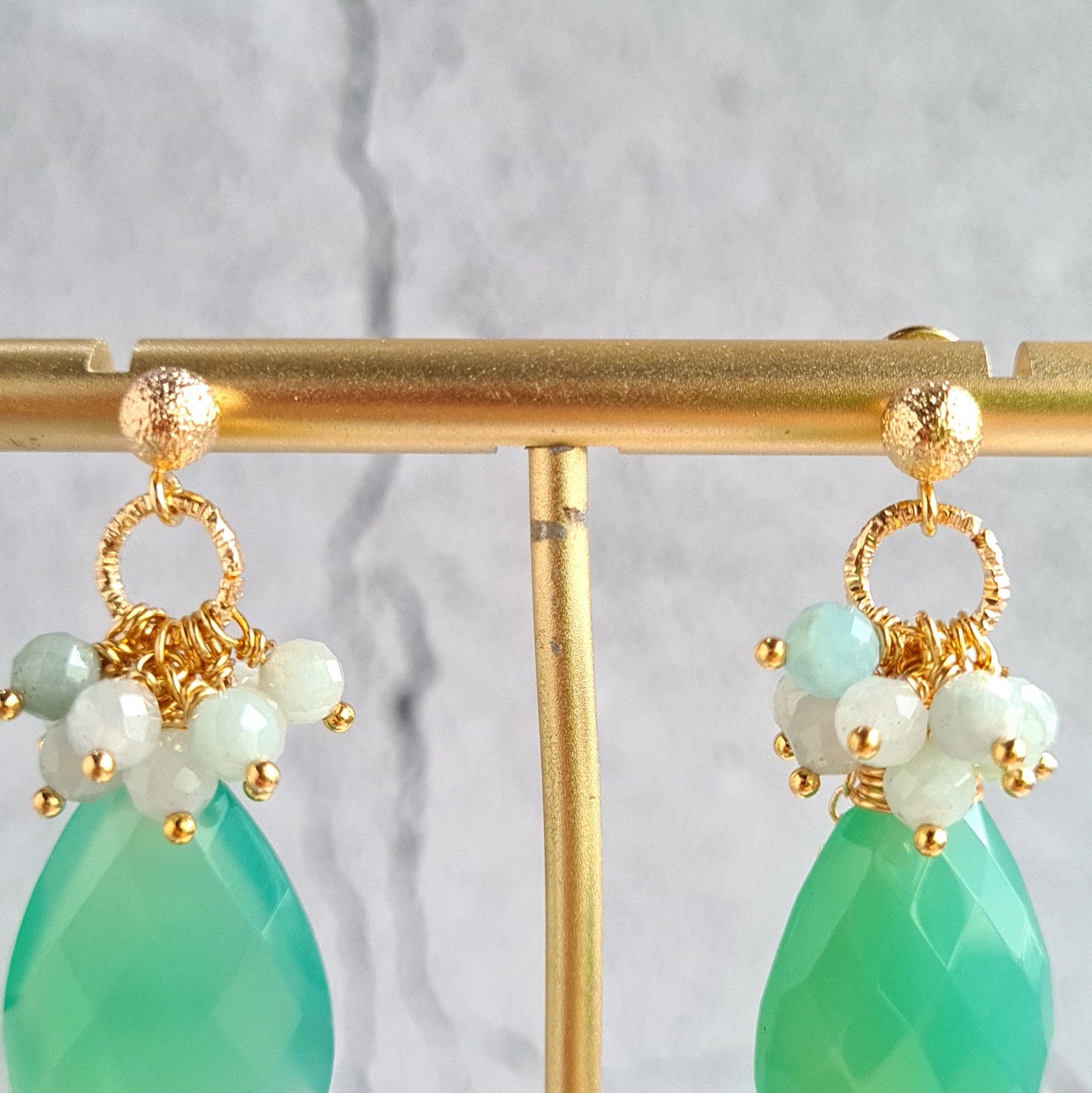 Parrot Green Chalcedony with Jade Cluster Gemstone Earrings