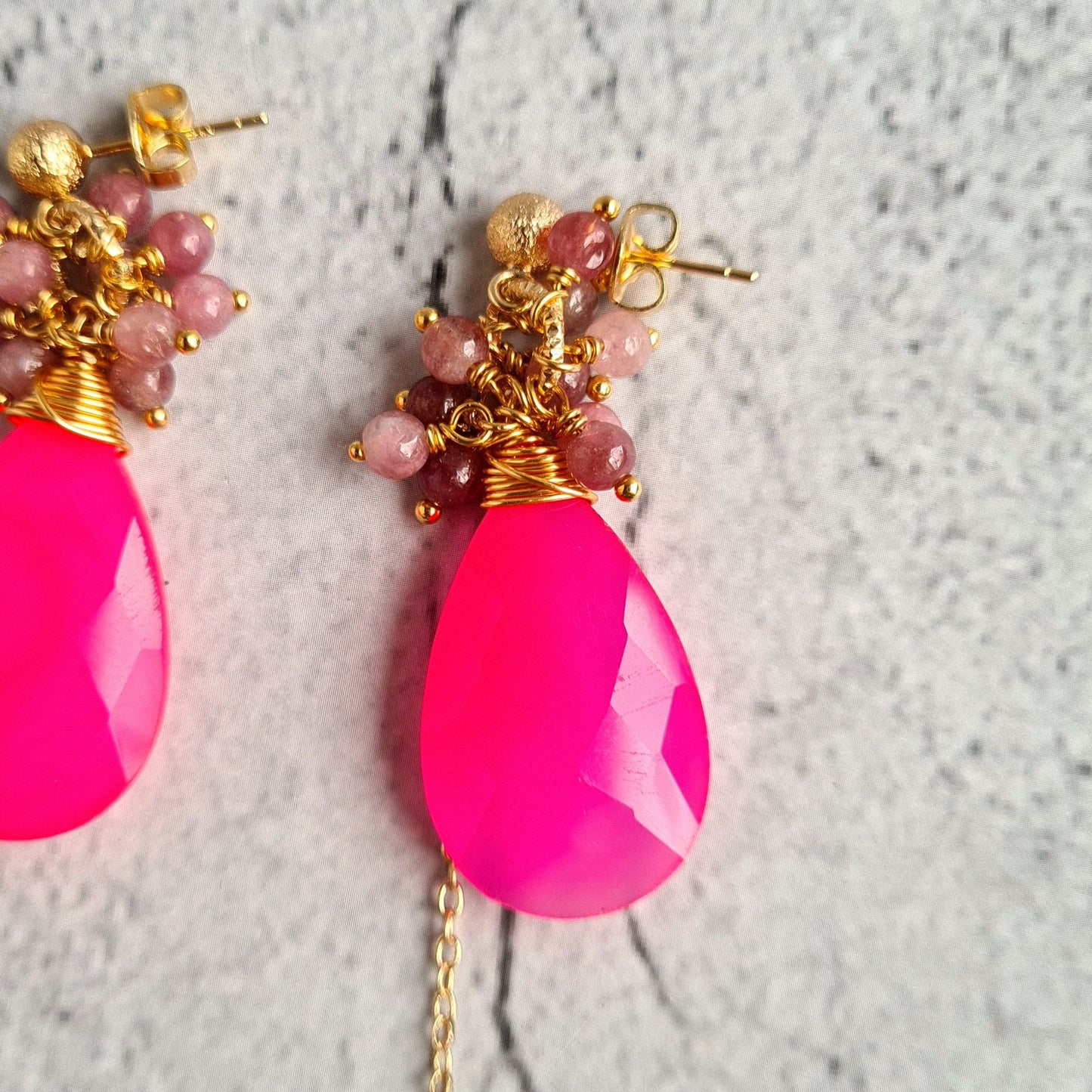 Dark Pink Chalcedony with Tourmaline Cluster Gemstone Earrings