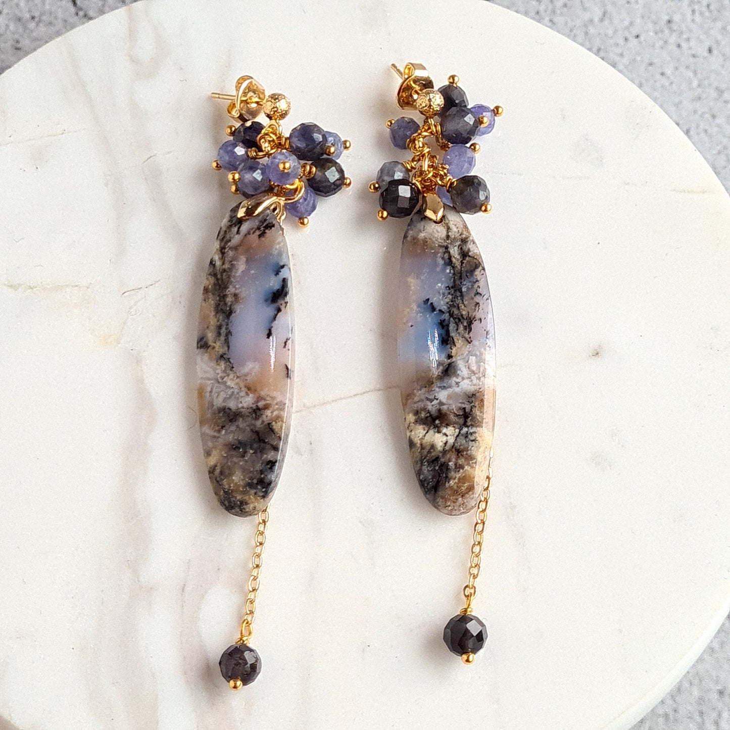 Arborization Opal with Iolite & Tanzanite Gemstone Cluster Earrings