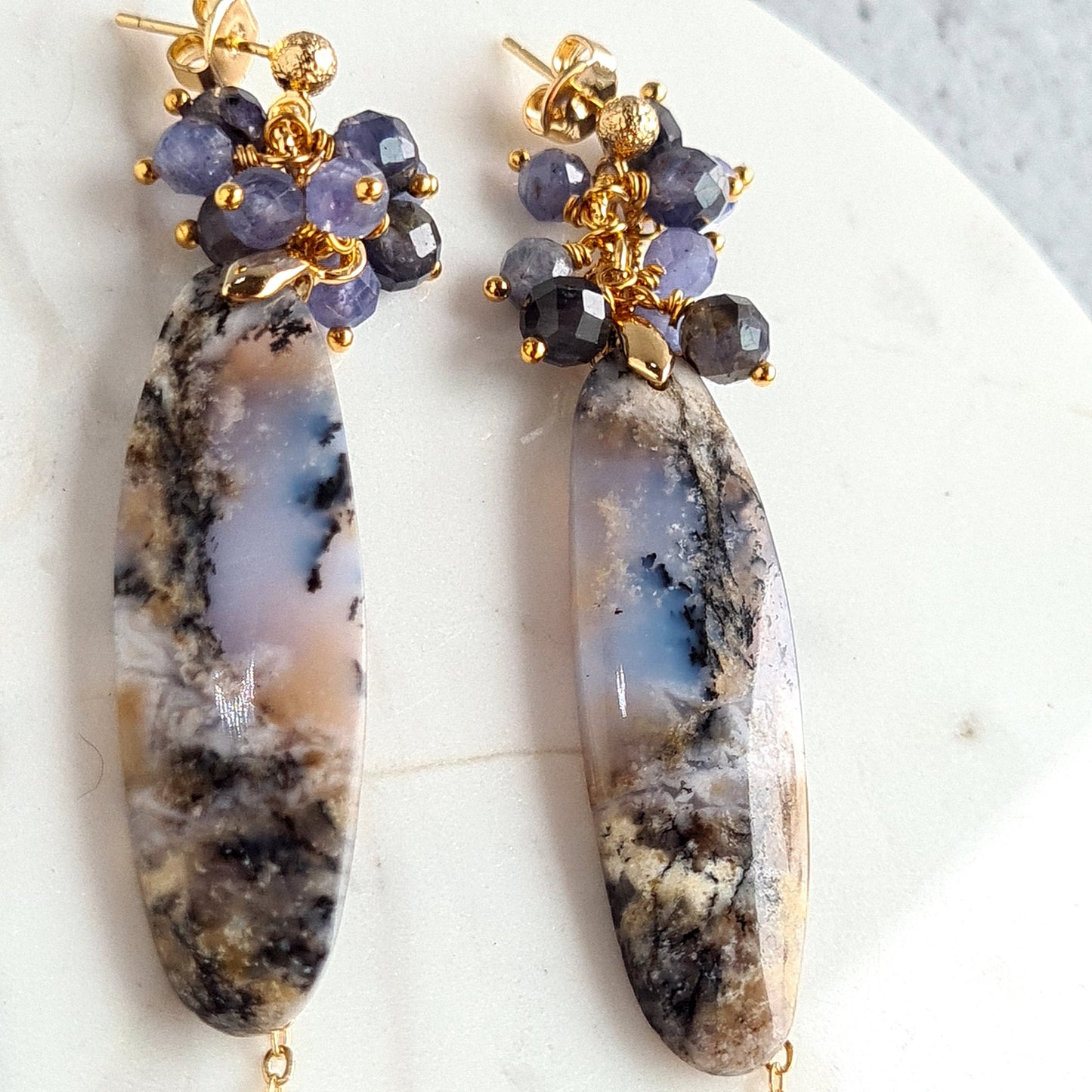 Arborization Opal with Iolite & Tanzanite Gemstone Cluster Earrings