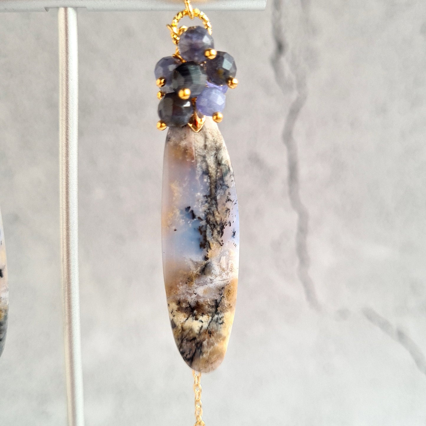 Arborization Opal with Iolite & Tanzanite Gemstone Cluster Earrings