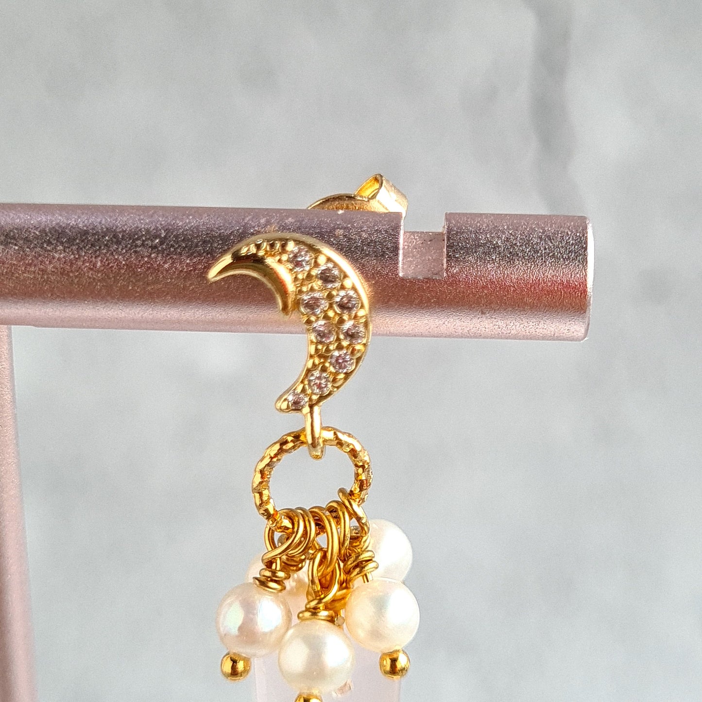 Rose Quartz Carved to Lightning Shape dressed with Fresh Water Pearl with Moon & Star Post Gemtone Earrings