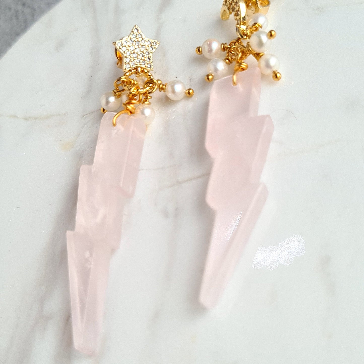 Rose Quartz Carved to Lightning Shape dressed with Fresh Water Pearl with Moon & Star Post Gemtone Earrings
