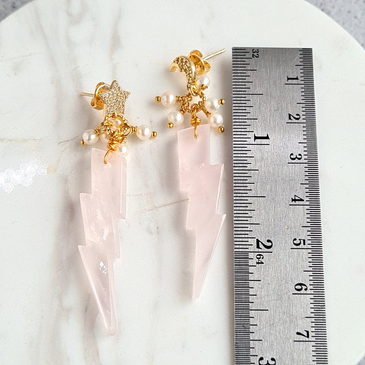 Rose Quartz Carved to Lightning Shape dressed with Fresh Water Pearl with Moon & Star Post Gemtone Earrings