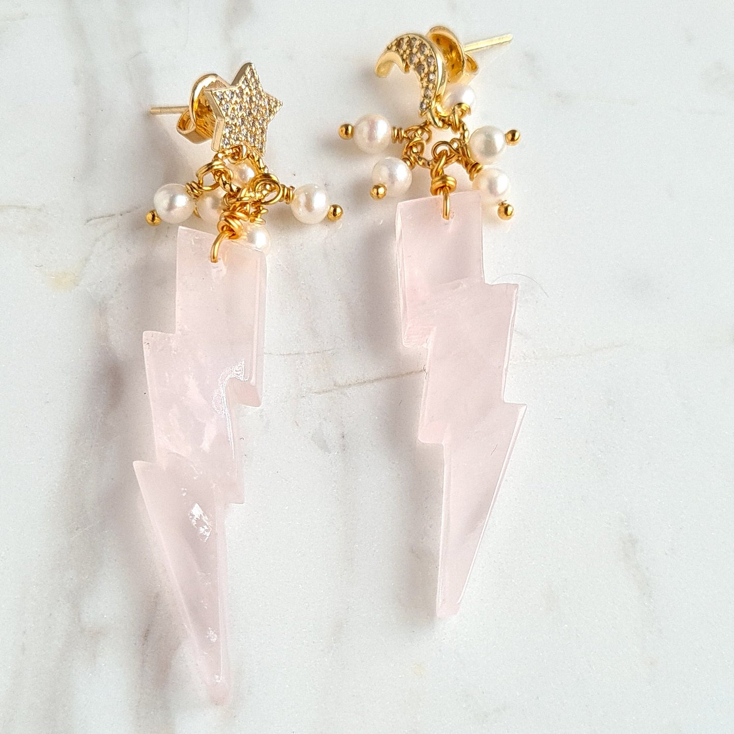 Rose Quartz Carved to Lightning Shape dressed with Fresh Water Pearl with Moon & Star Post Gemtone Earrings