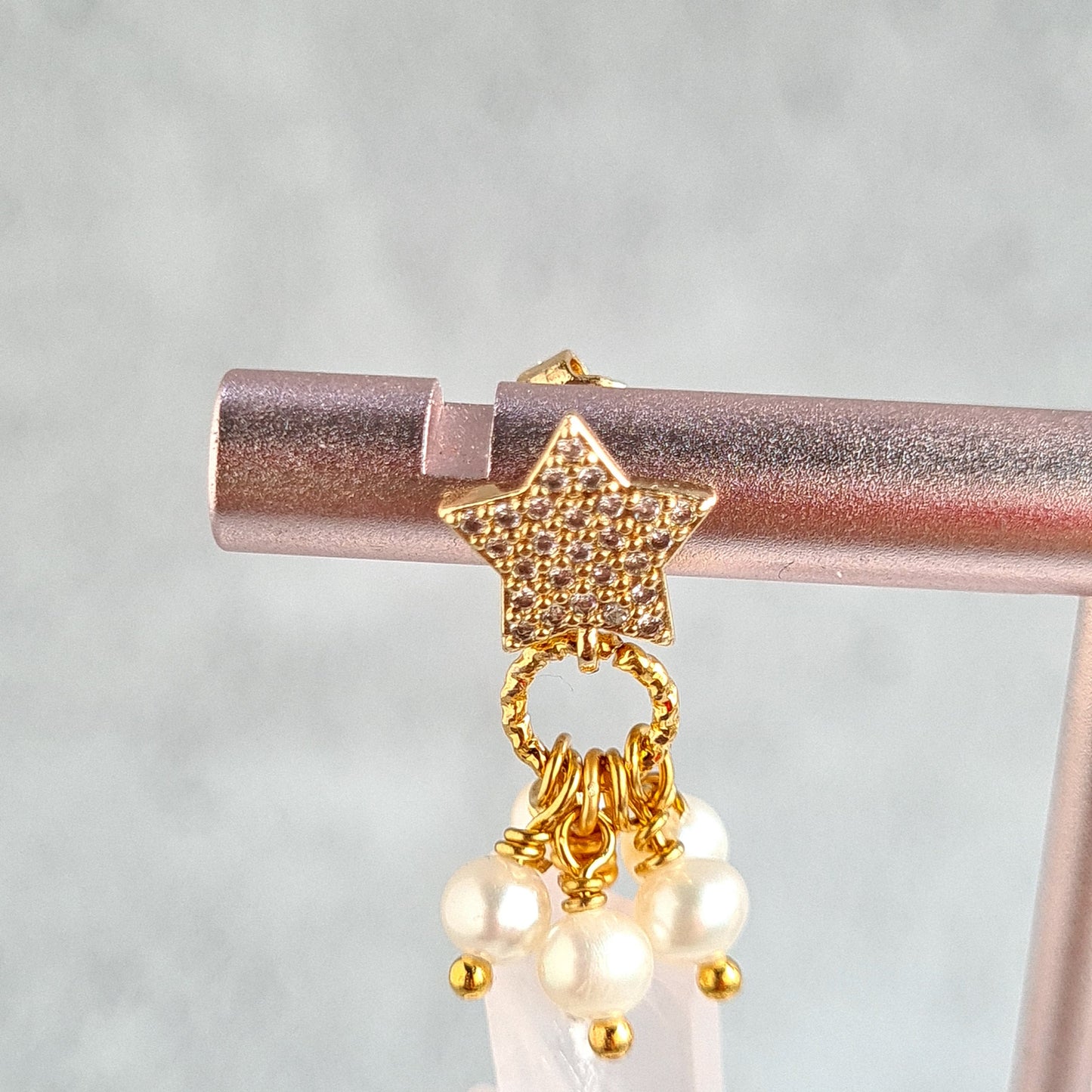 Rose Quartz Carved to Lightning Shape dressed with Fresh Water Pearl with Moon & Star Post Gemtone Earrings