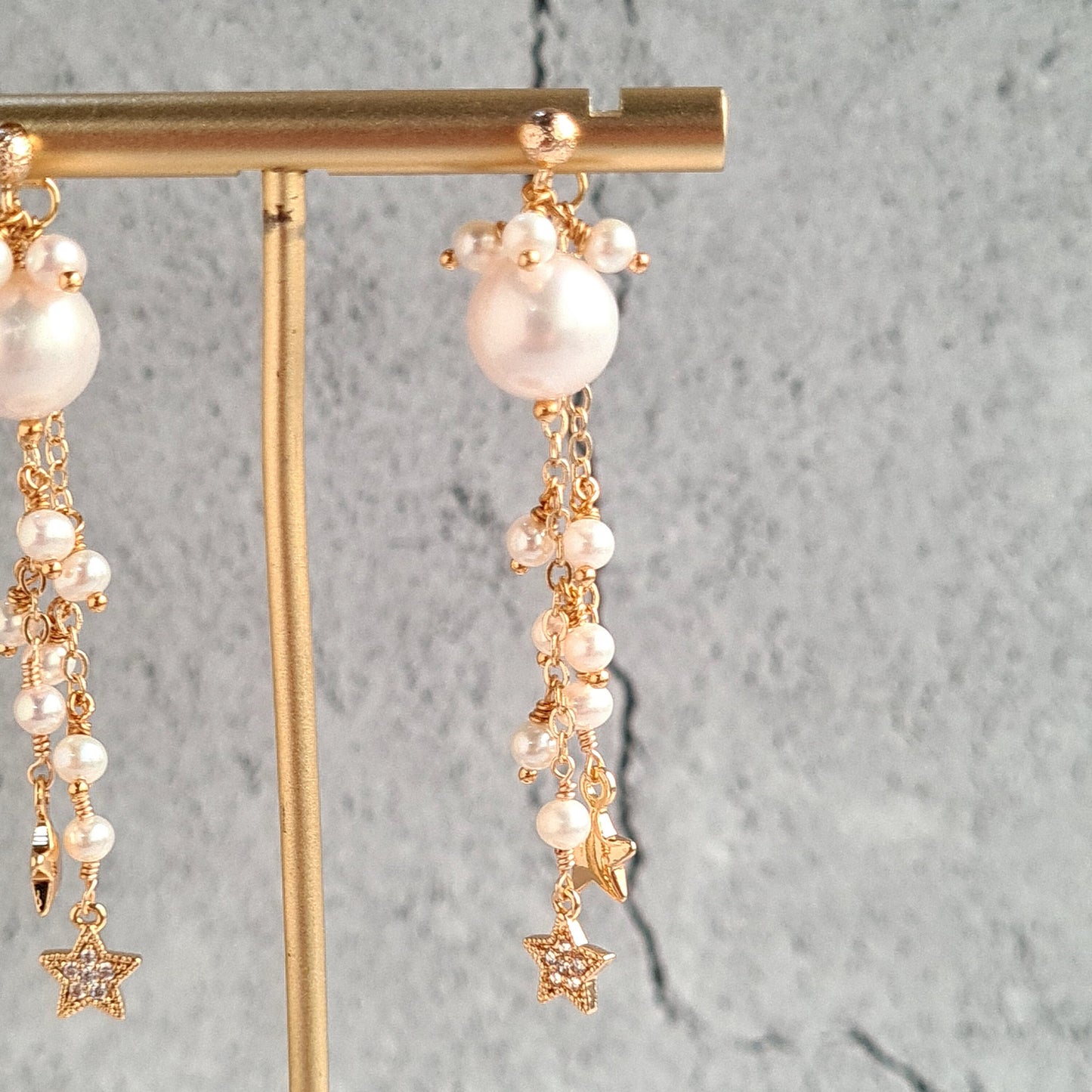 Fresh Water Pearl Cluster Earring with Embellished Trail of Pearl and Star Charm