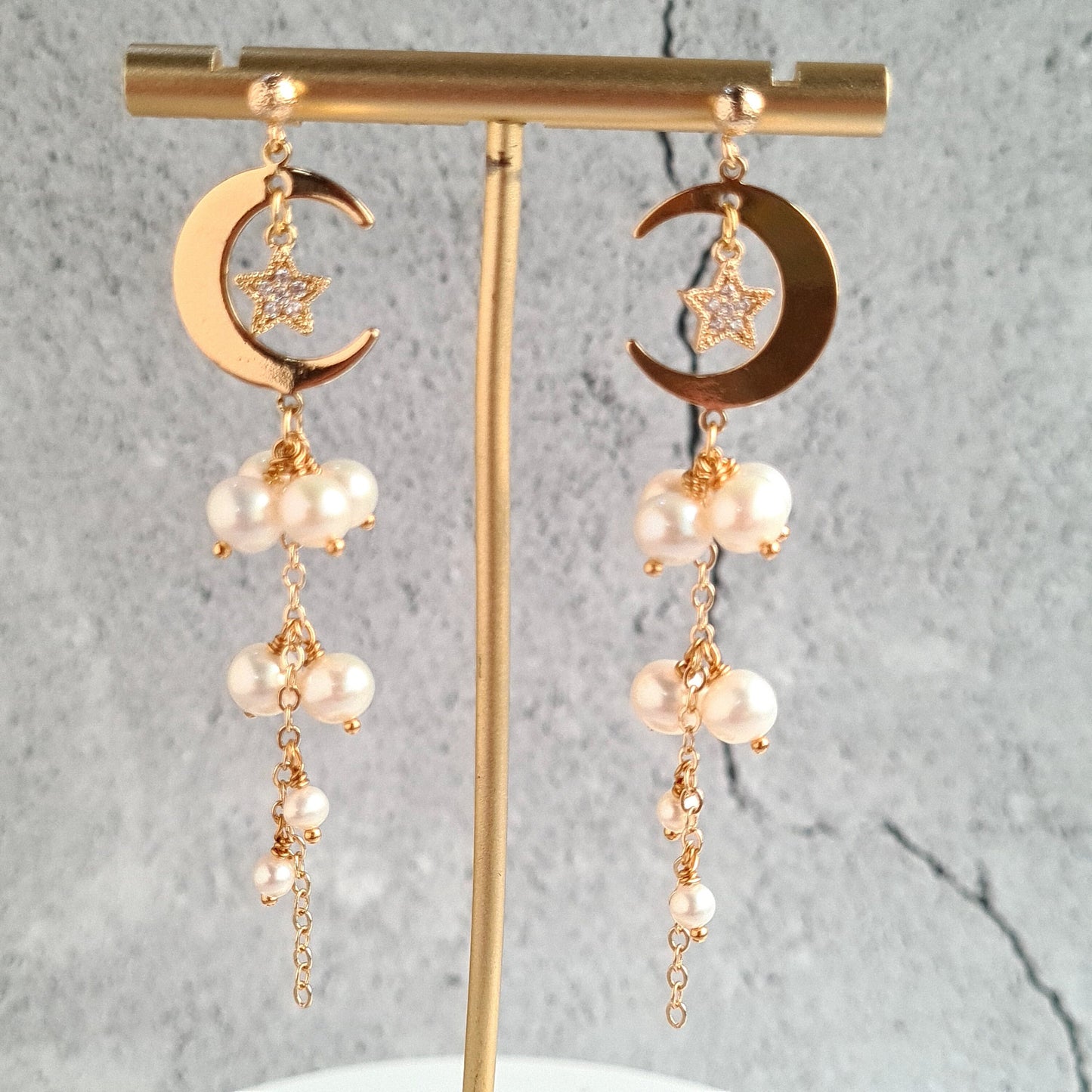 Fresh Water Pearl Cluster Earring with Half Crescent & Star Charm
