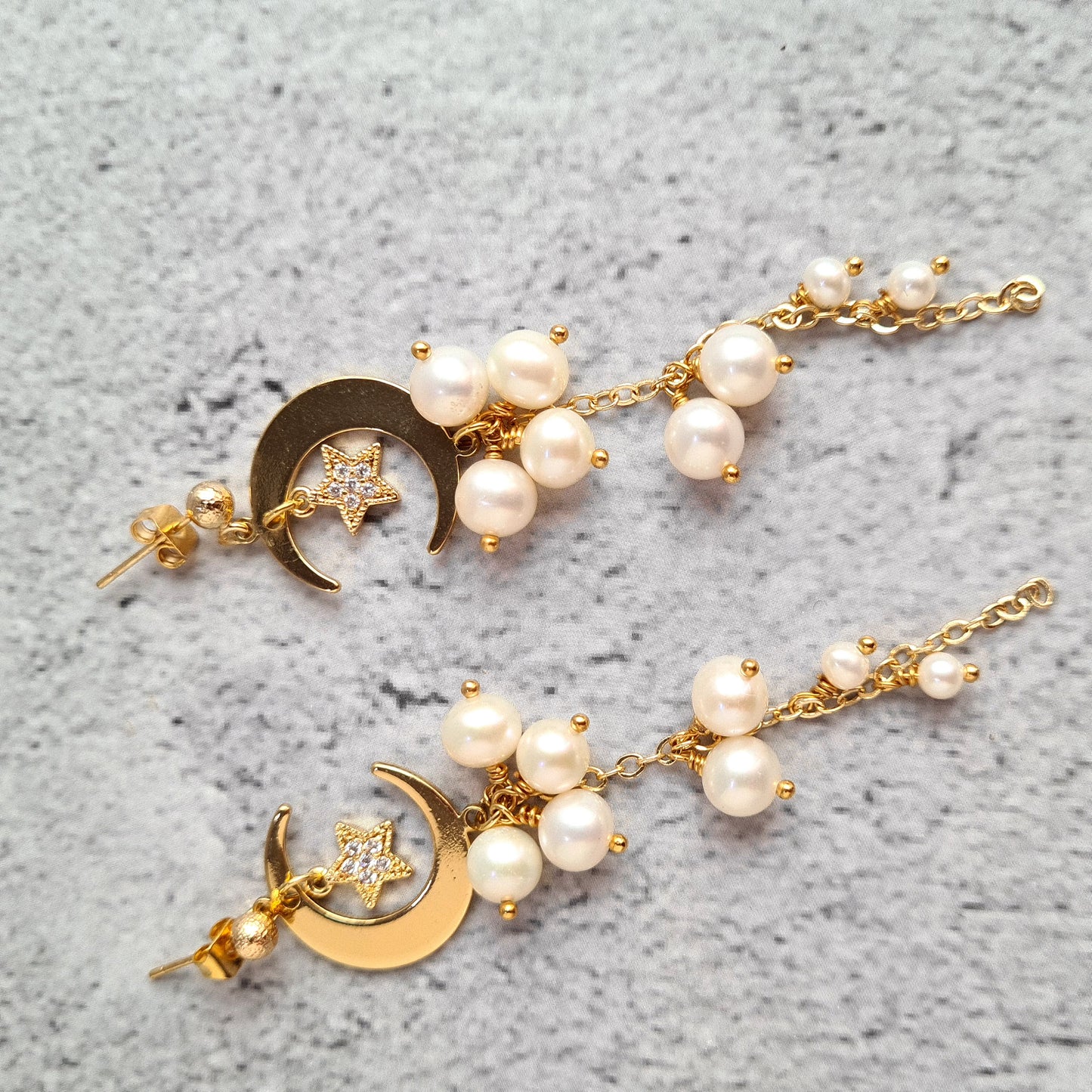 Fresh Water Pearl Cluster Earring with Half Crescent & Star Charm