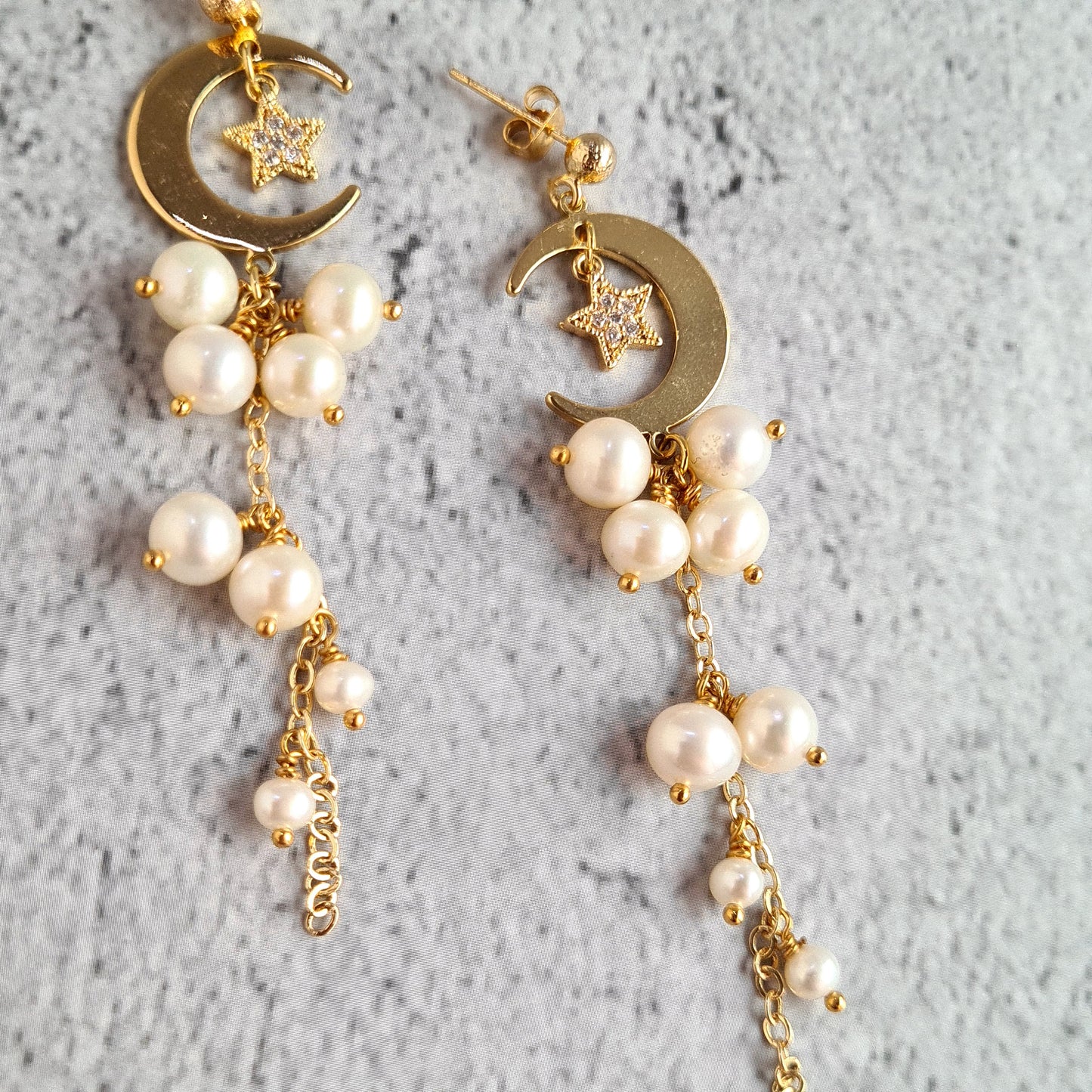 Fresh Water Pearl Cluster Earring with Half Crescent & Star Charm
