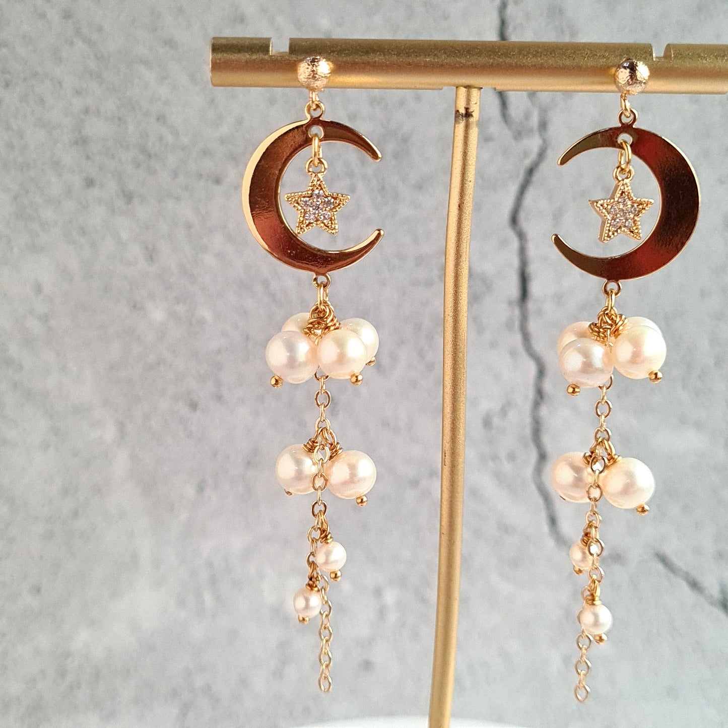 Fresh Water Pearl Cluster Earring with Half Crescent & Star Charm