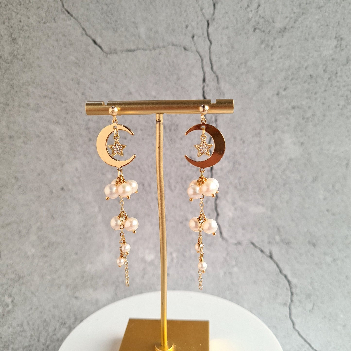 Fresh Water Pearl Cluster Earring with Half Crescent & Star Charm