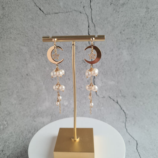 Fresh Water Pearl Cluster Earring with Half Crescent & Star Charm