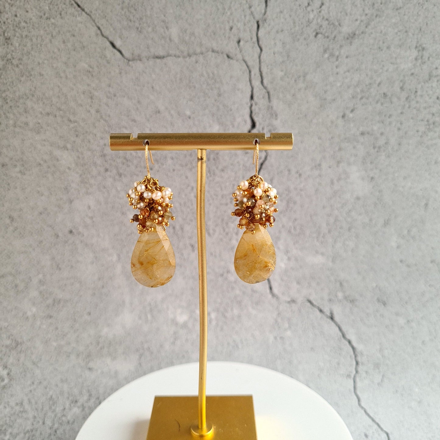 Golden Rutile with multi zircon & fresh water pearl cluster earrings