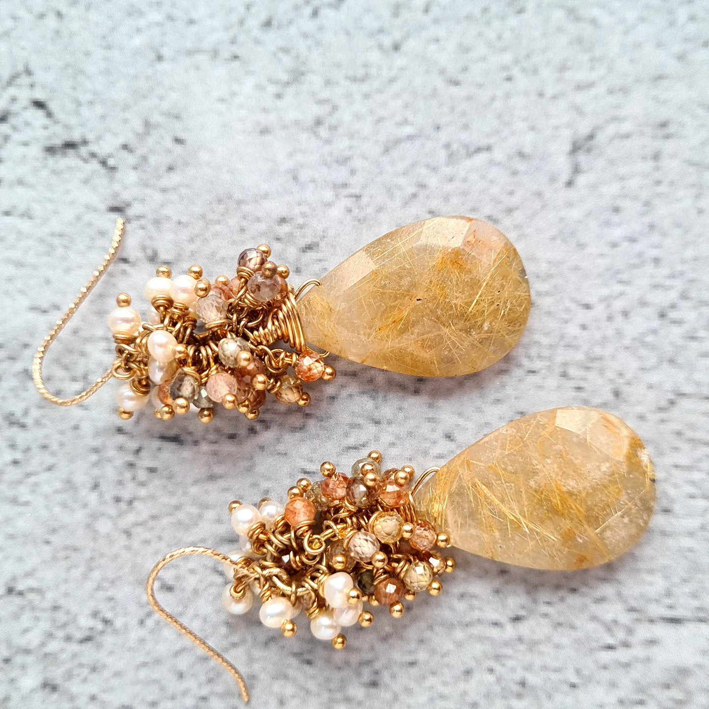Golden Rutile with multi zircon & fresh water pearl cluster earrings