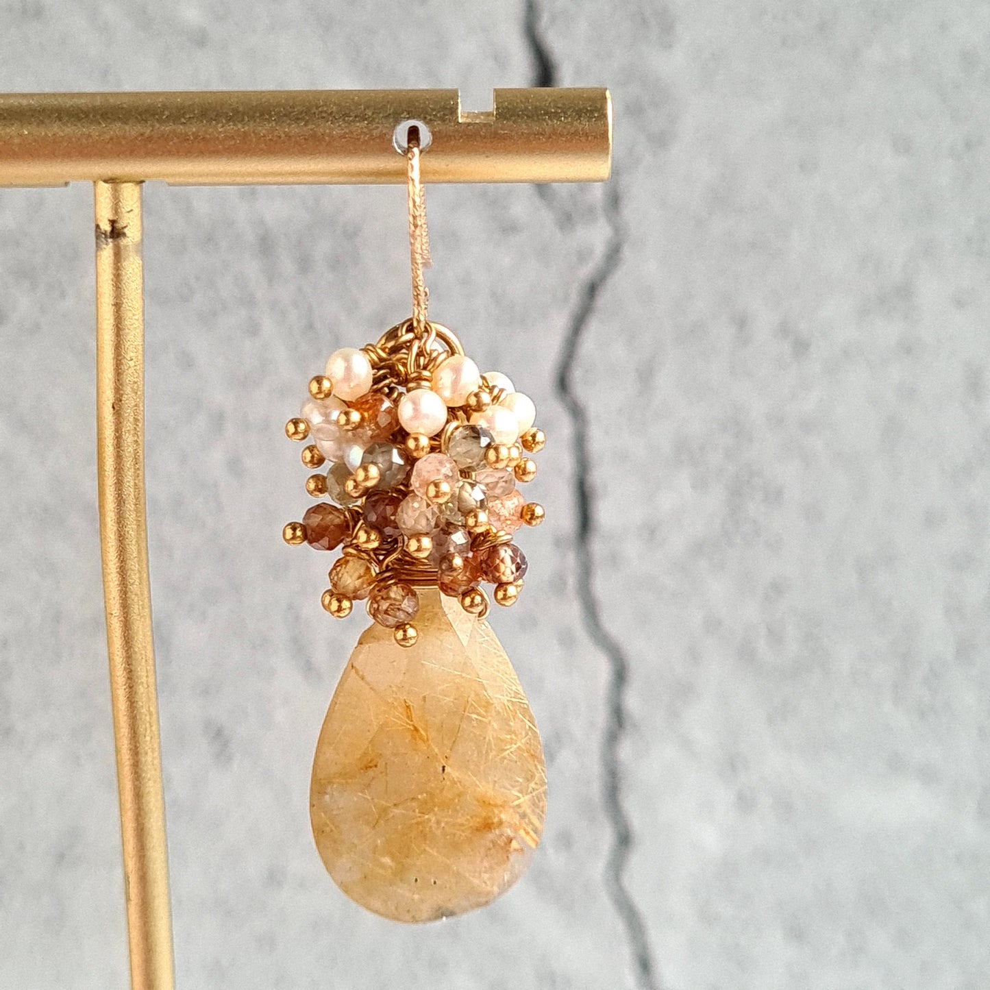 Golden Rutile with multi zircon & fresh water pearl cluster earrings
