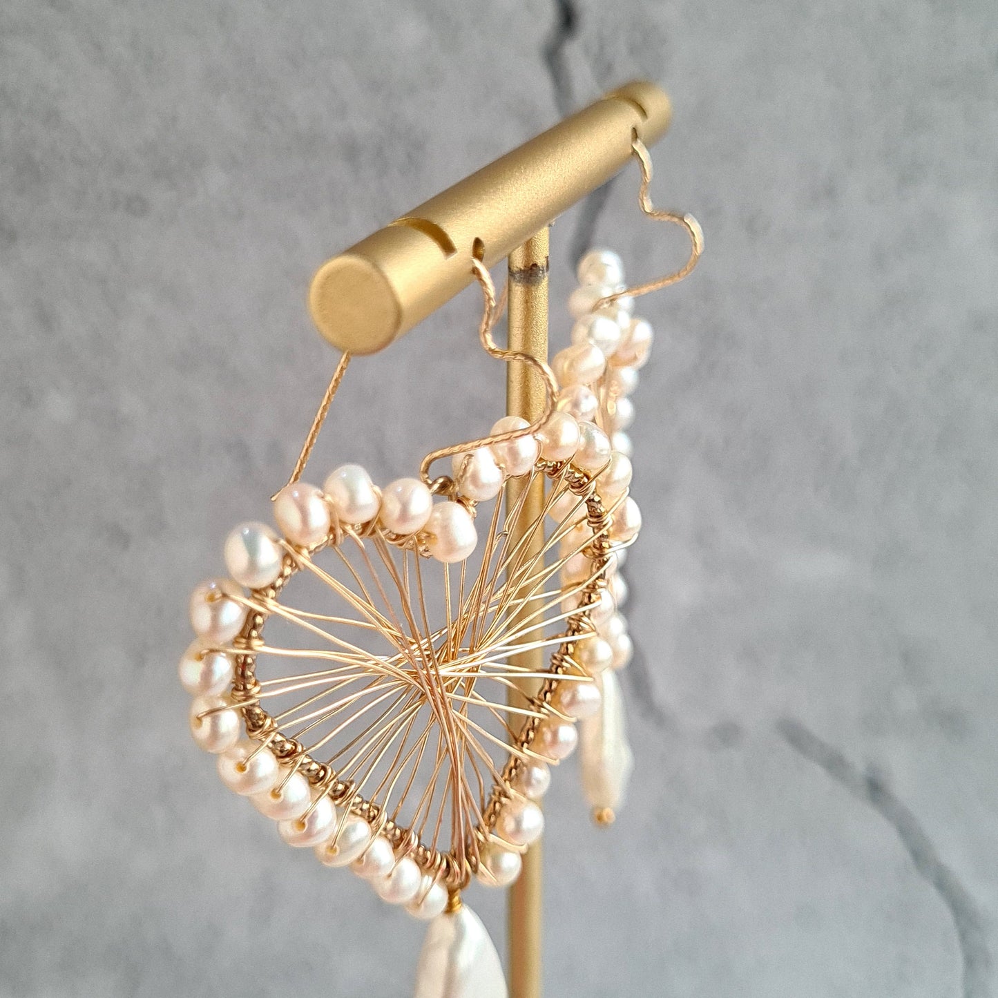 Heart Maze Frame embellished with fresh water pearl, with a diamond fresh water pearl drop, hung on a heart shape ear wire