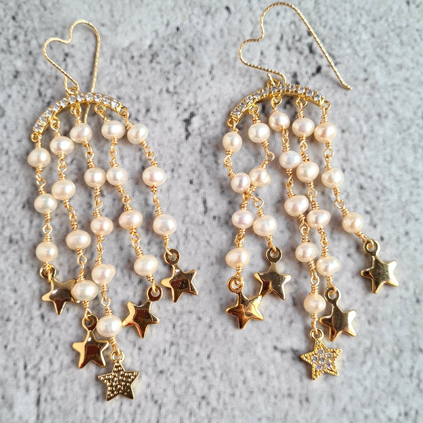 Fresh Water Pearl with Fresh Water Pearl and Star Charm Tassel Earrings