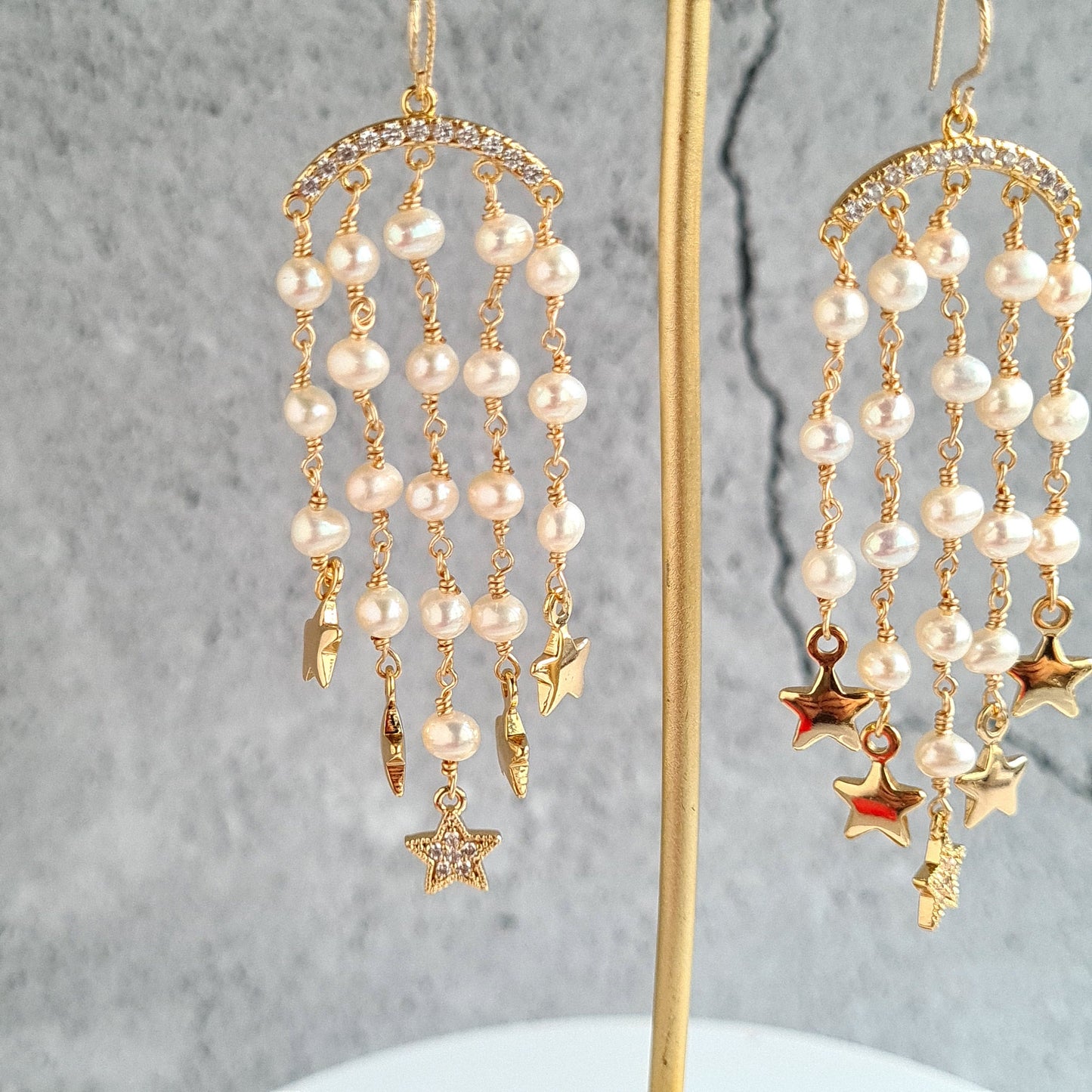 Fresh Water Pearl with Fresh Water Pearl and Star Charm Tassel Earrings