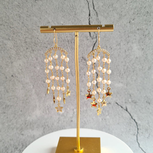 Fresh Water Pearl with Fresh Water Pearl and Star Charm Tassel Earrings