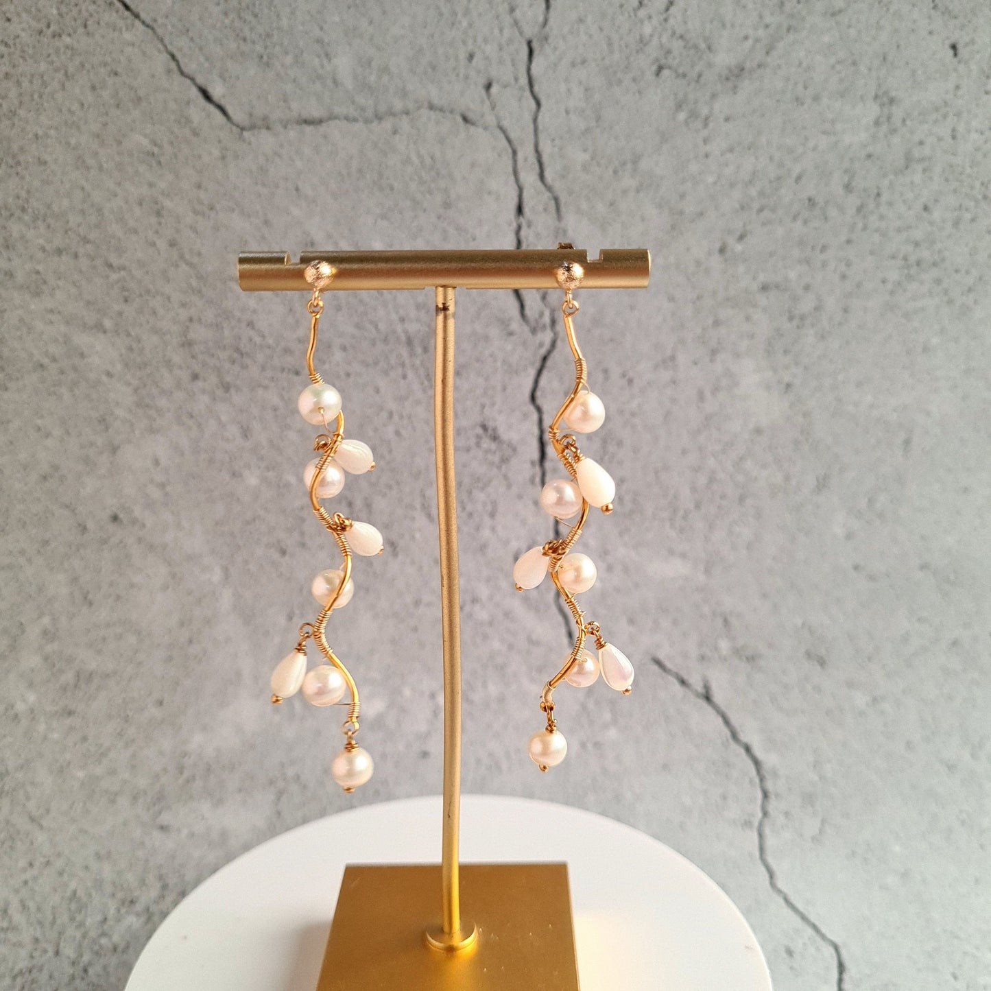 Fresh Water Pearl with Mother of Pearl Tear Drop Vine Earrings