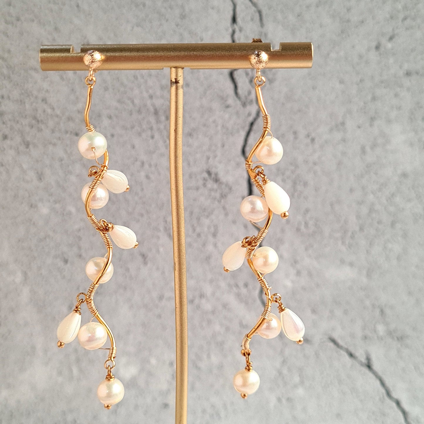 Fresh Water Pearl with Mother of Pearl Tear Drop Vine Earrings