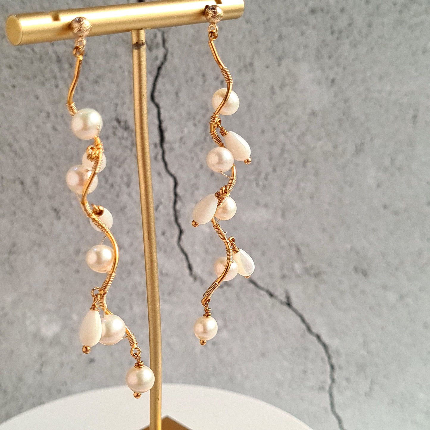 Fresh Water Pearl with Mother of Pearl Tear Drop Vine Earrings