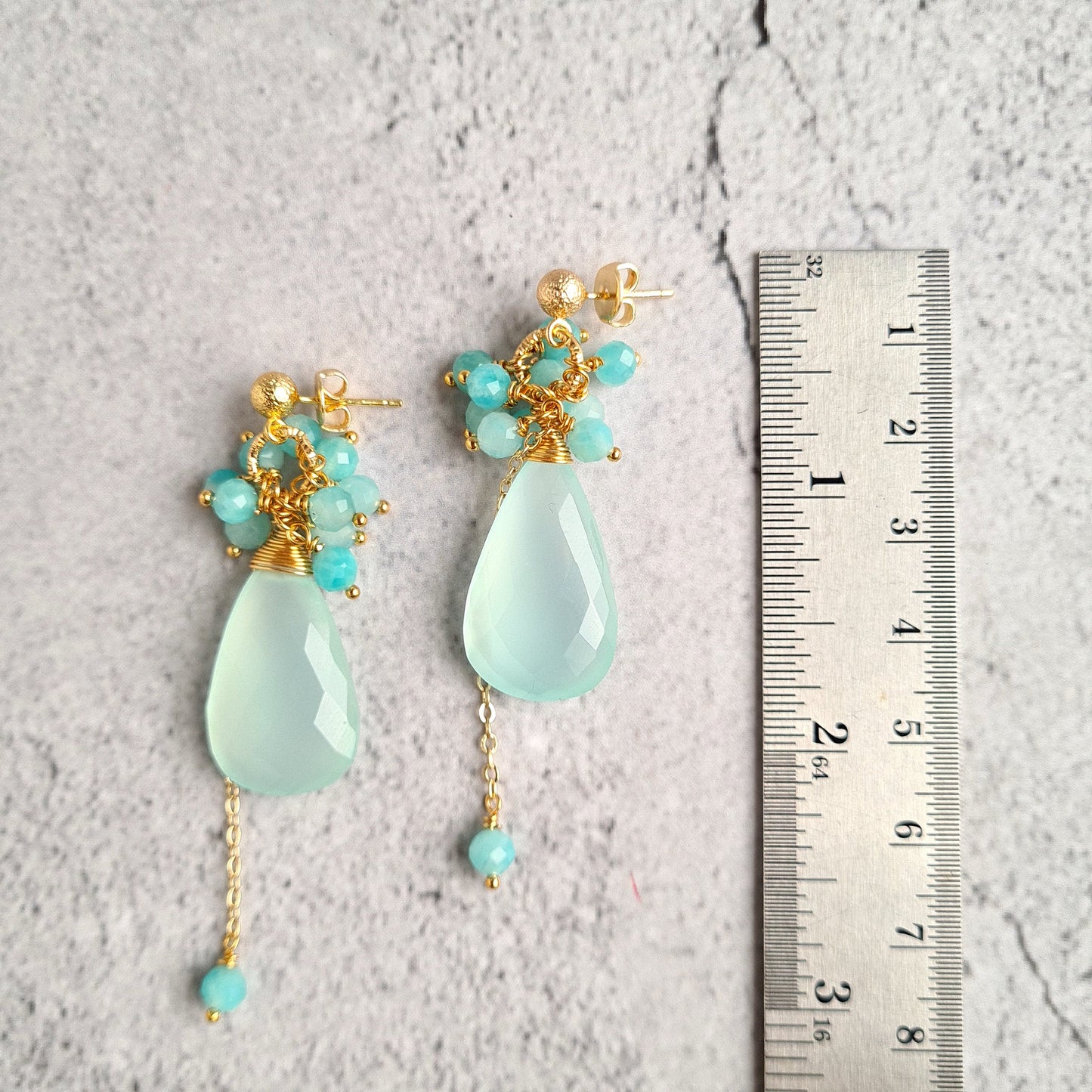 Aqua Blue Chalcedony Cluster Gemstone with Amazonite Earrings & Necklace Set