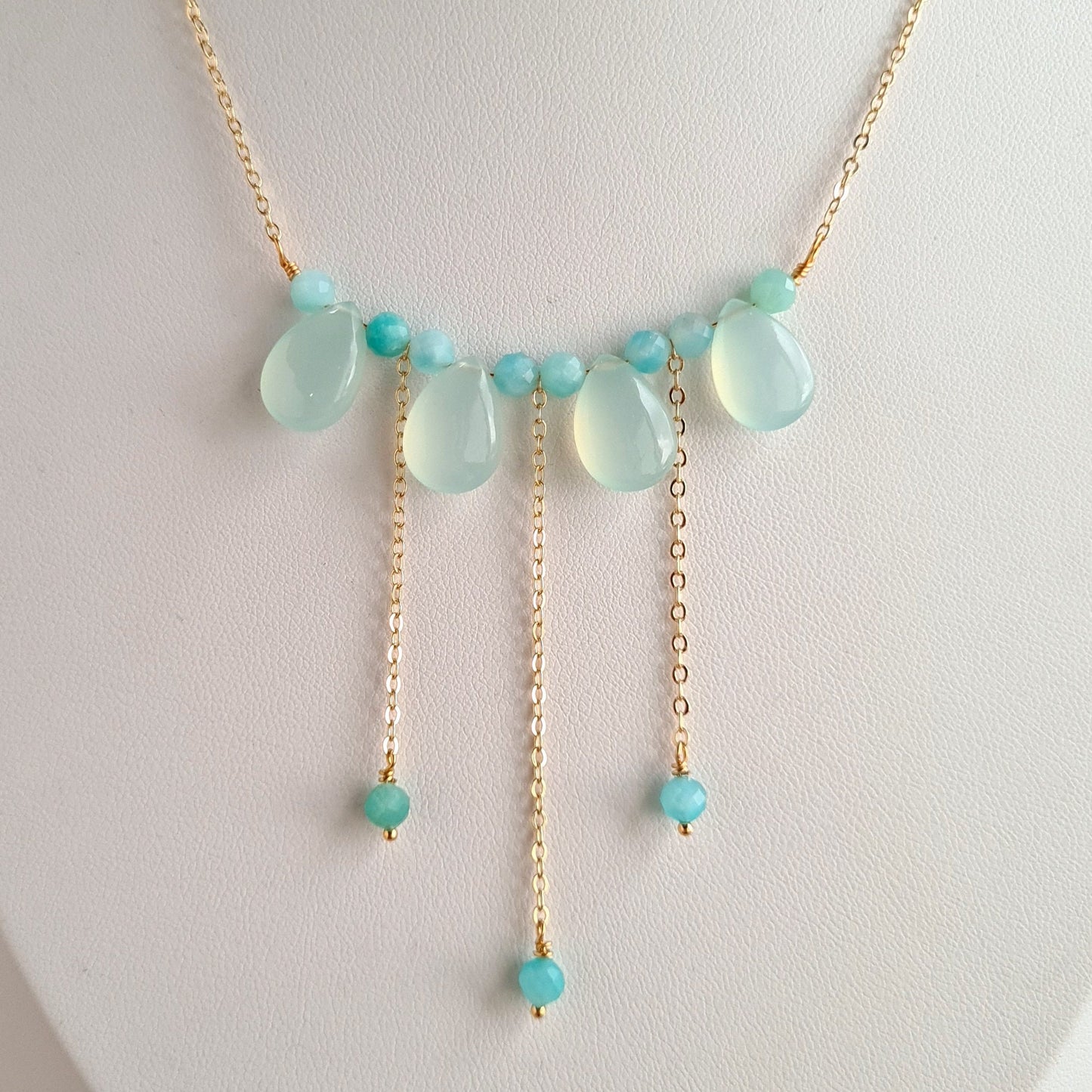 Aqua Blue Chalcedony Cluster Gemstone with Amazonite Earrings & Necklace Set