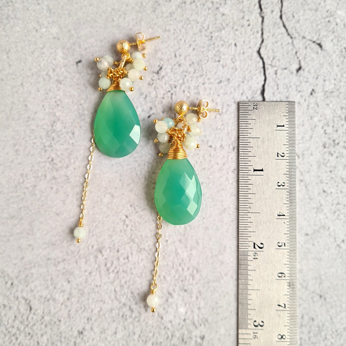 Parrot Green Chalcedony with Jade Cluster Gemstone Earrings