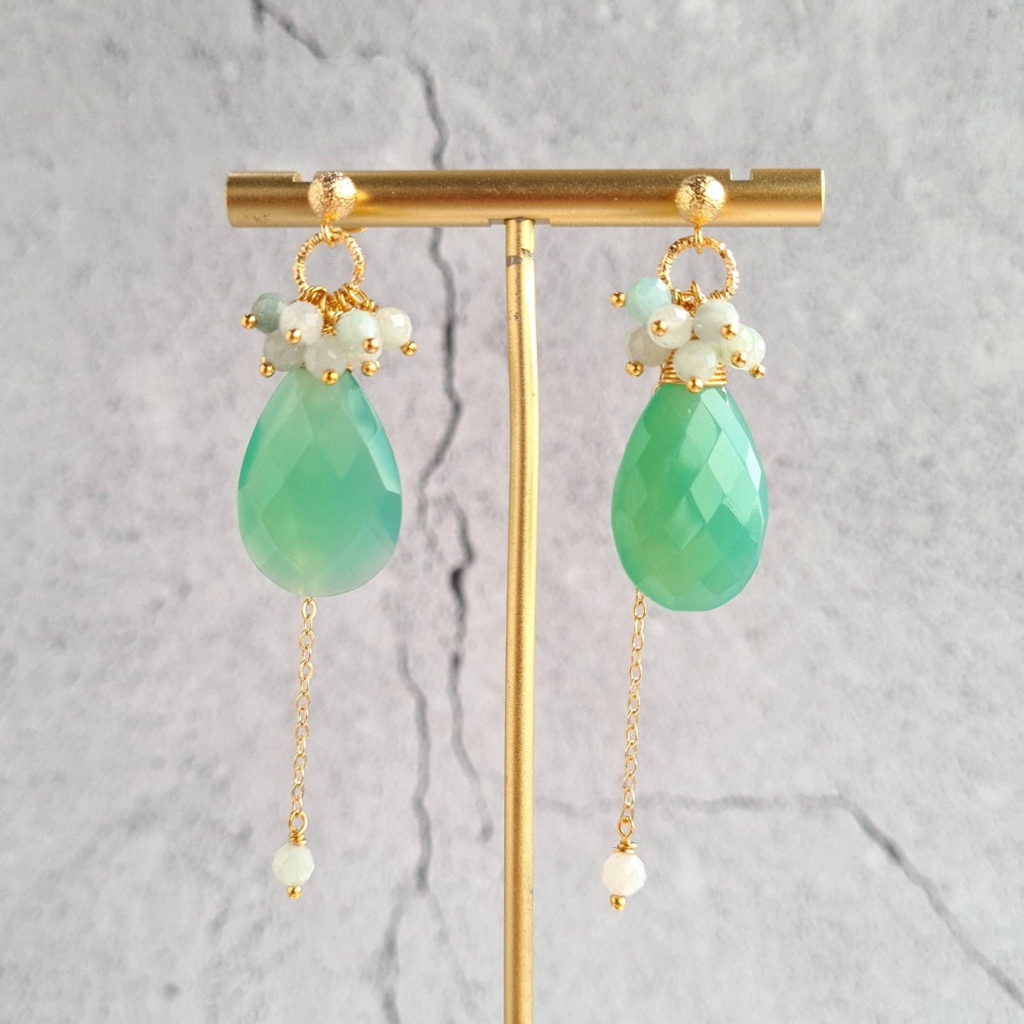 Parrot Green Chalcedony with Jade Cluster Gemstone Earrings