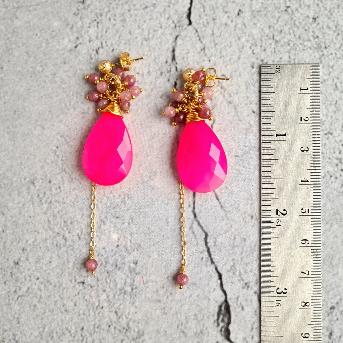 Dark Pink Chalcedony with Tourmaline Cluster Gemstone Earrings