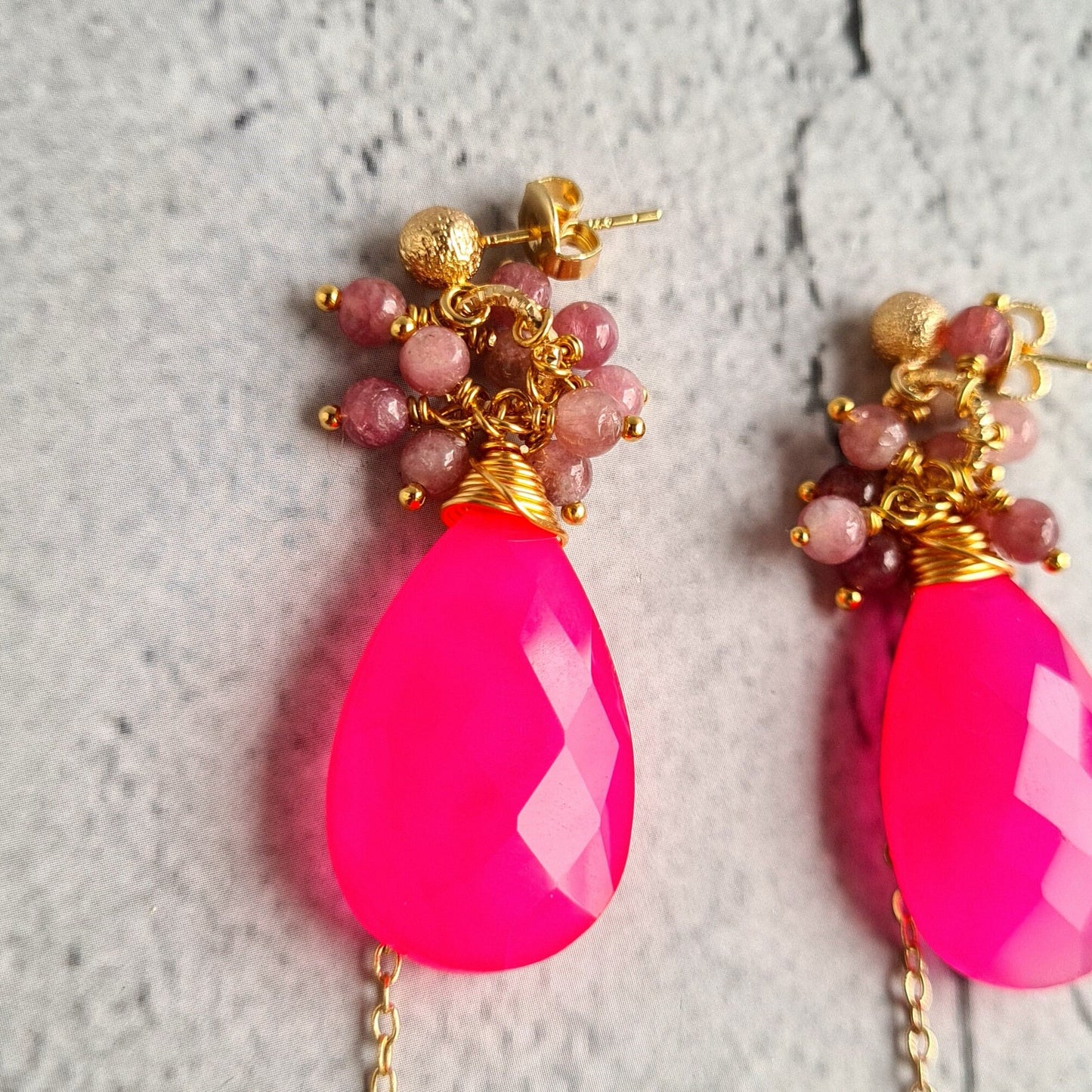 Dark Pink Chalcedony with Tourmaline Cluster Gemstone Earrings