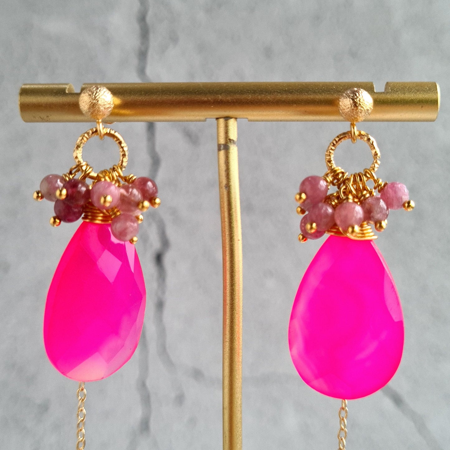 Dark Pink Chalcedony with Tourmaline Cluster Gemstone Earrings