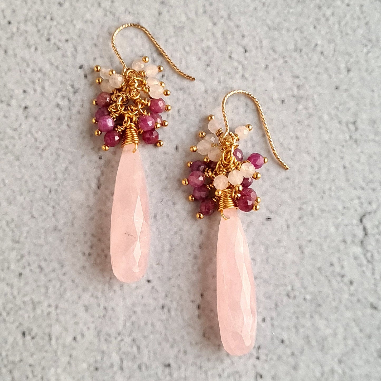 Rose Quartz Faceted Drops with Sri Lankan Ruby and Rose Quartz Round Cluster Gemstone Earrings