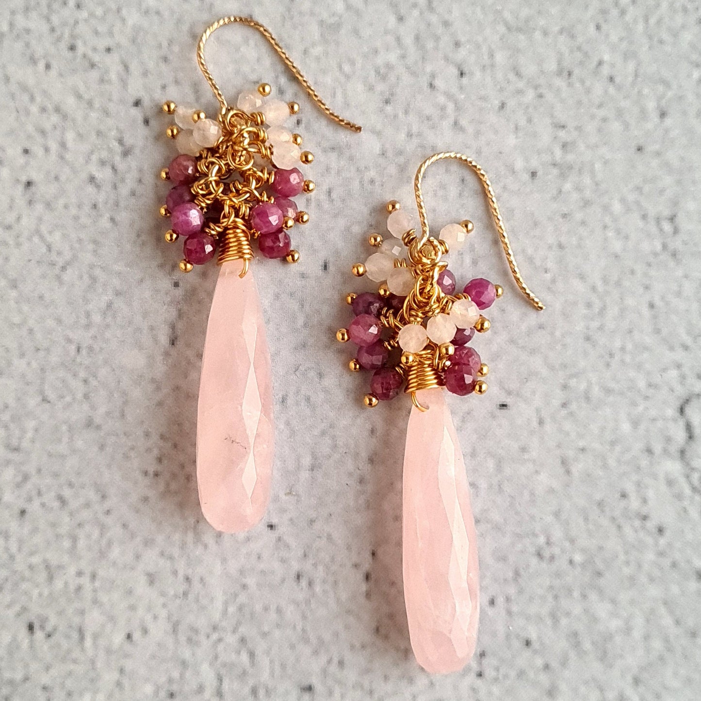 Rose Quartz Faceted Drops with Sri Lankan Ruby and Rose Quartz Round Cluster Gemstone Earrings