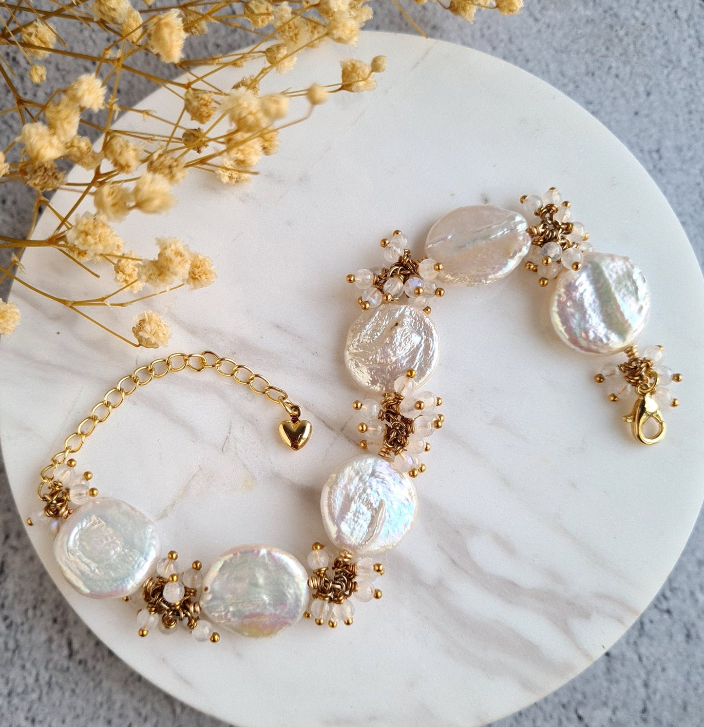 Fresh Water Coin Pearl with moonstone Cluster Bracelet