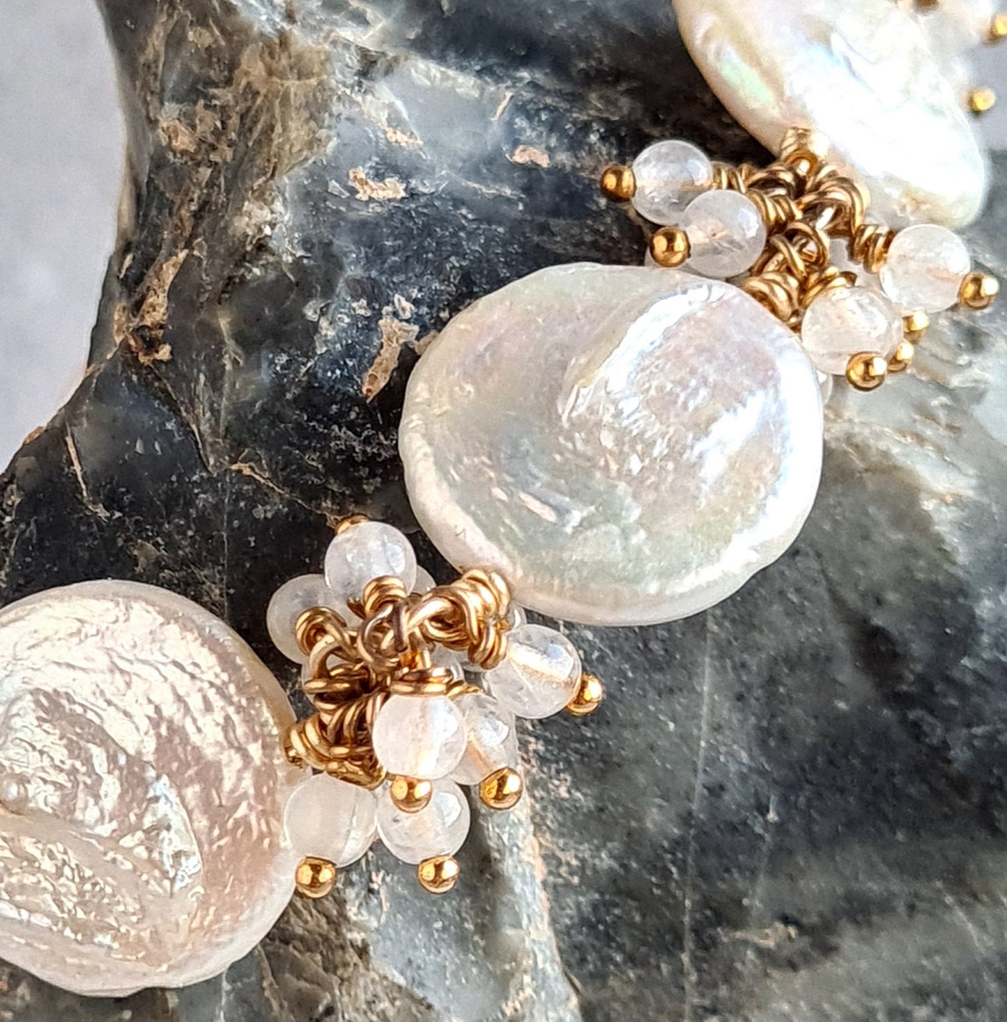 Fresh Water Coin Pearl with moonstone Cluster Bracelet