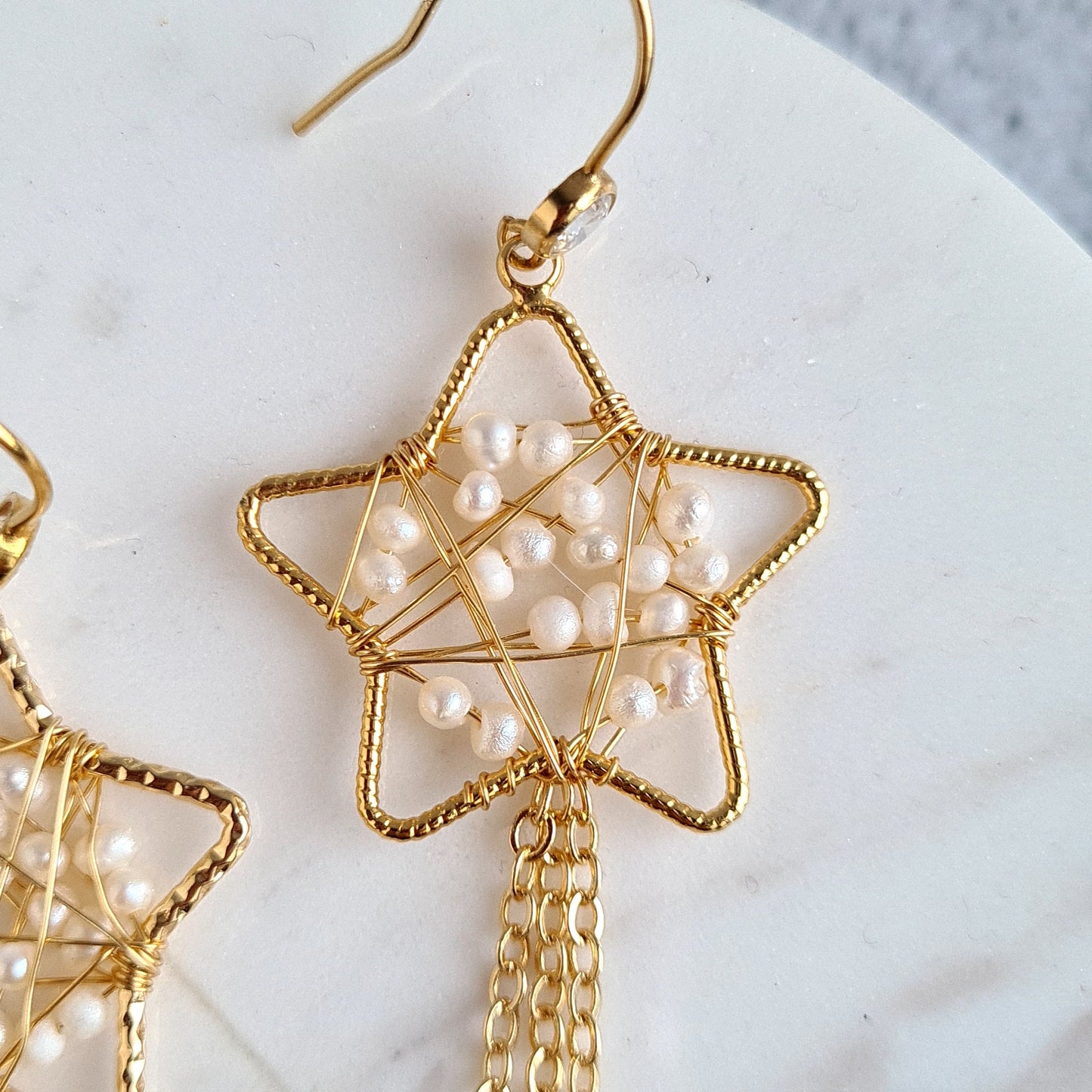 Star wrapped with fresh water pearl with star tassel Earrings