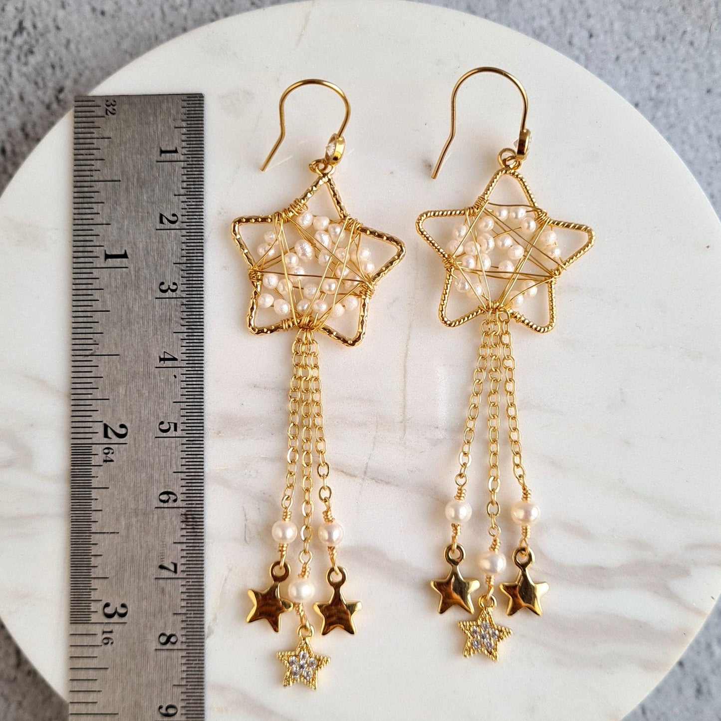 Star wrapped with fresh water pearl with star tassel Earrings