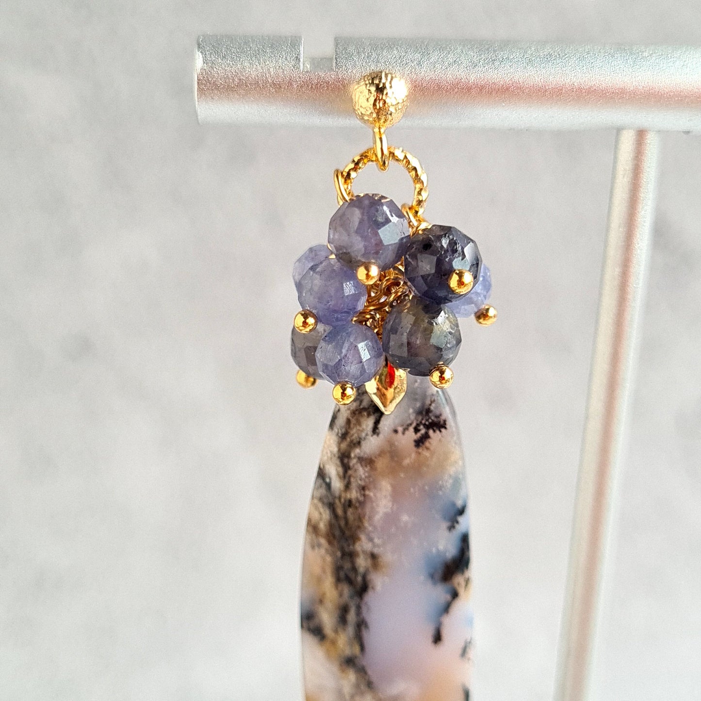 Arborization Opal with Iolite & Tanzanite Gemstone Cluster Earrings