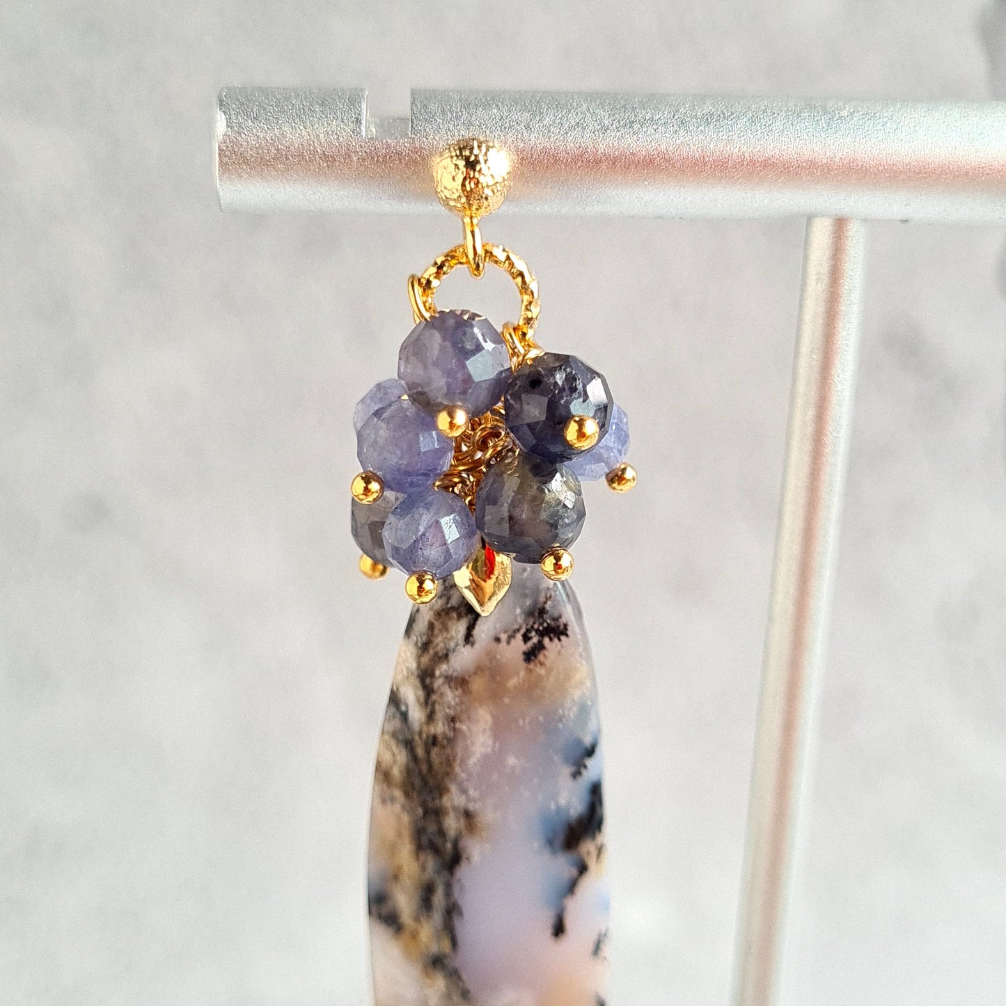Arborization Opal with Iolite & Tanzanite Gemstone Cluster Earrings