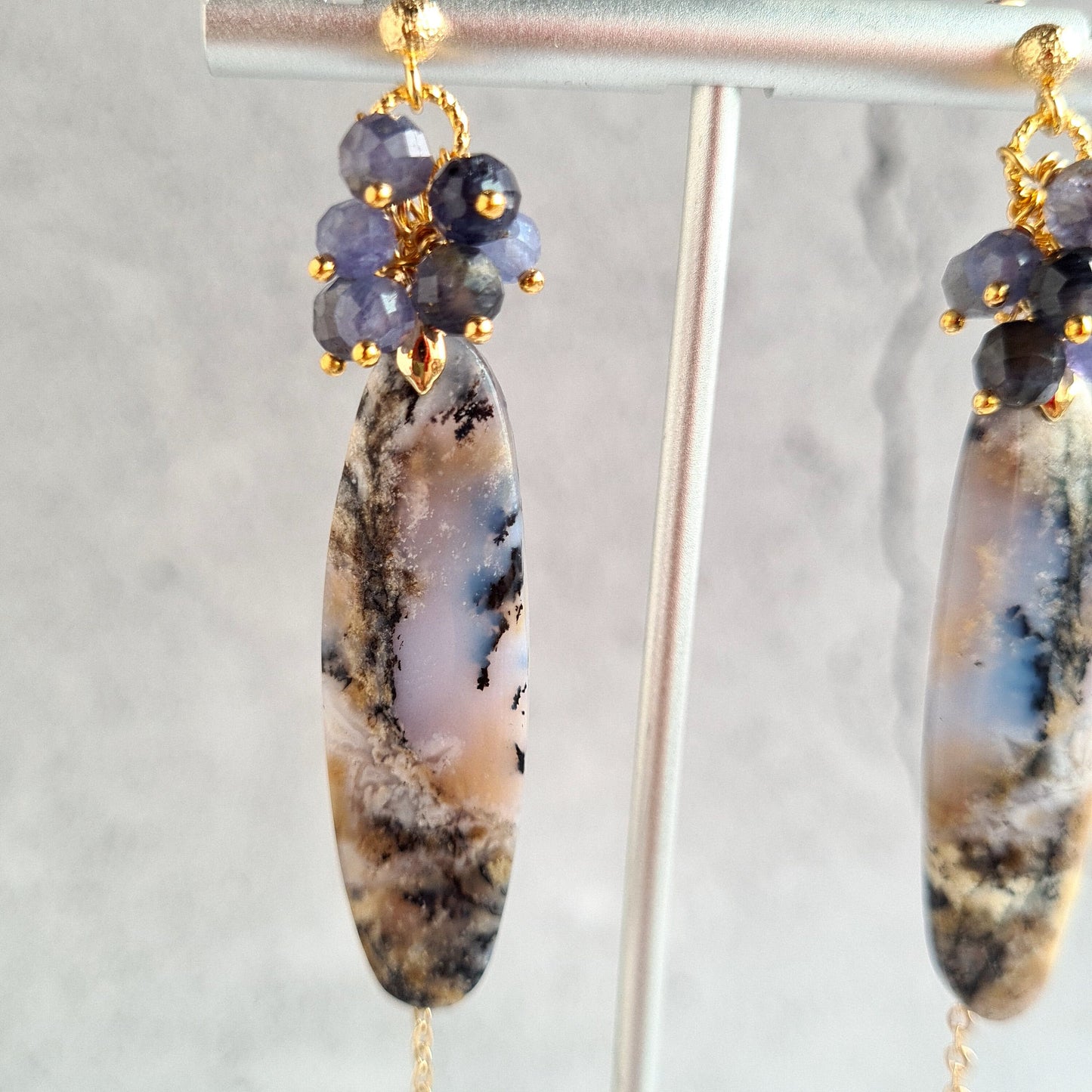 Arborization Opal with Iolite & Tanzanite Gemstone Cluster Earrings