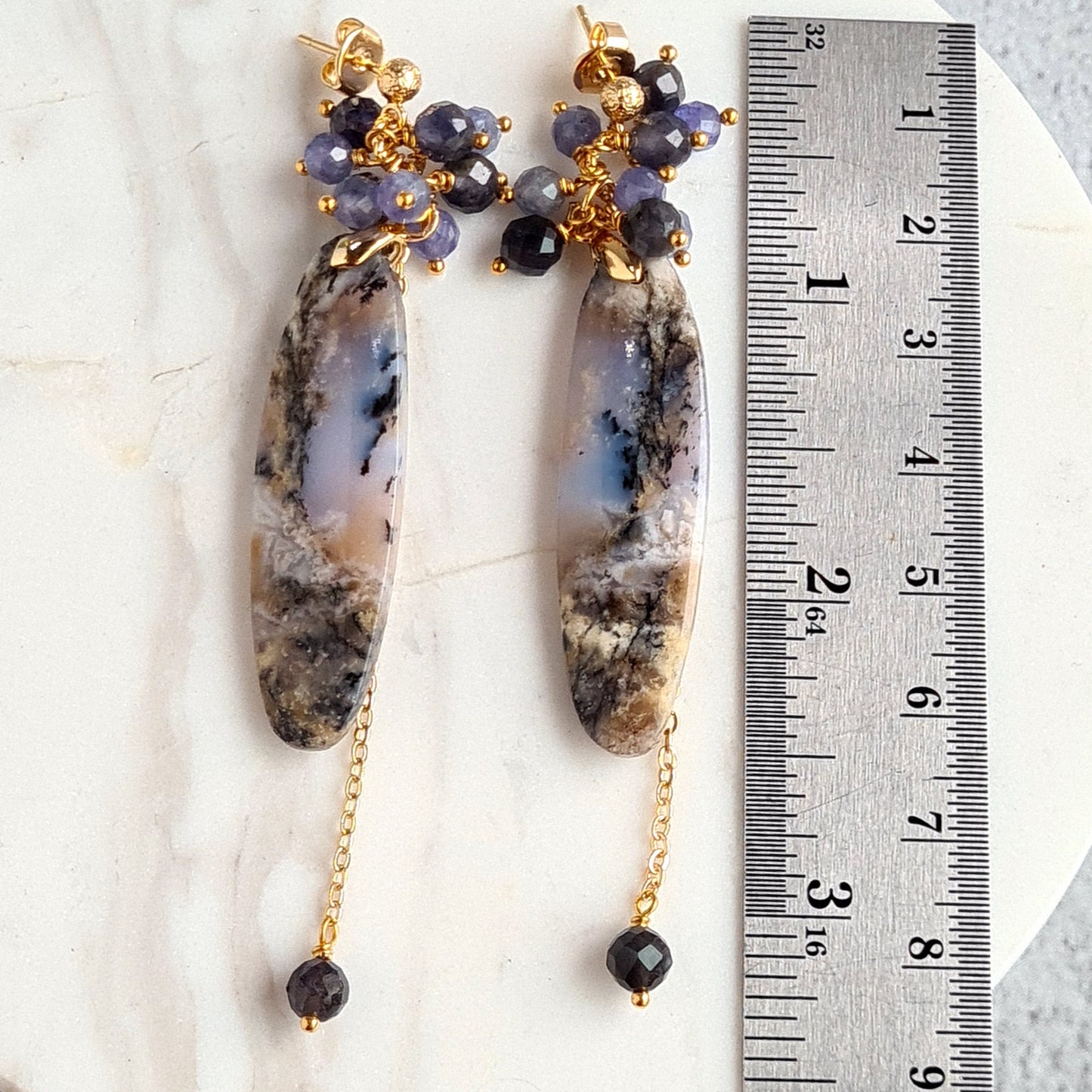 Arborization Opal with Iolite & Tanzanite Gemstone Cluster Earrings