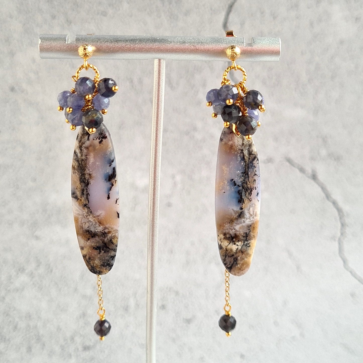Arborization Opal with Iolite & Tanzanite Gemstone Cluster Earrings