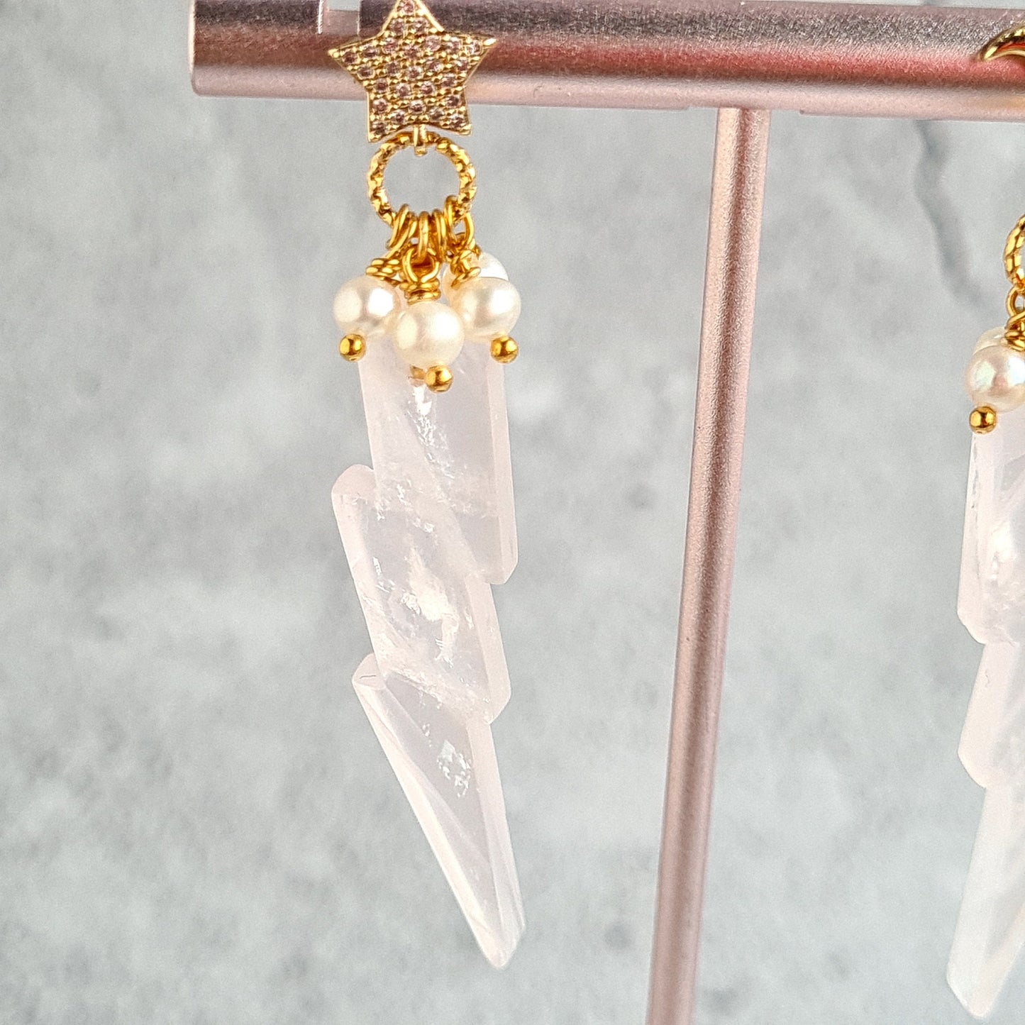 Rose Quartz Carved to Lightning Shape dressed with Fresh Water Pearl with Moon & Star Post Gemtone Earrings