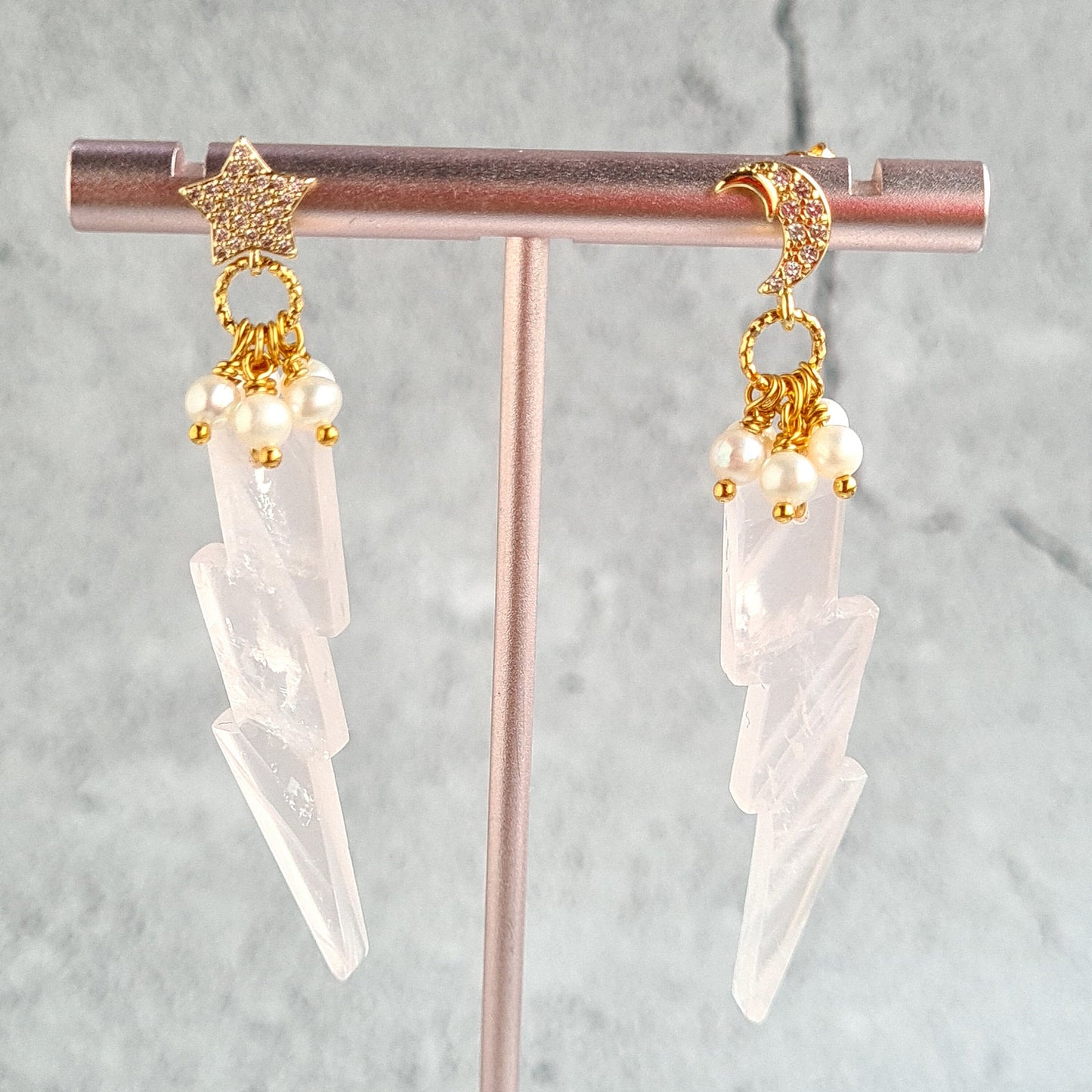 Rose Quartz Carved to Lightning Shape dressed with Fresh Water Pearl with Moon & Star Post Gemtone Earrings